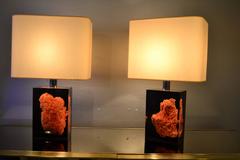 Pair of 1970s Lucite and Coral Inlaid Lamps