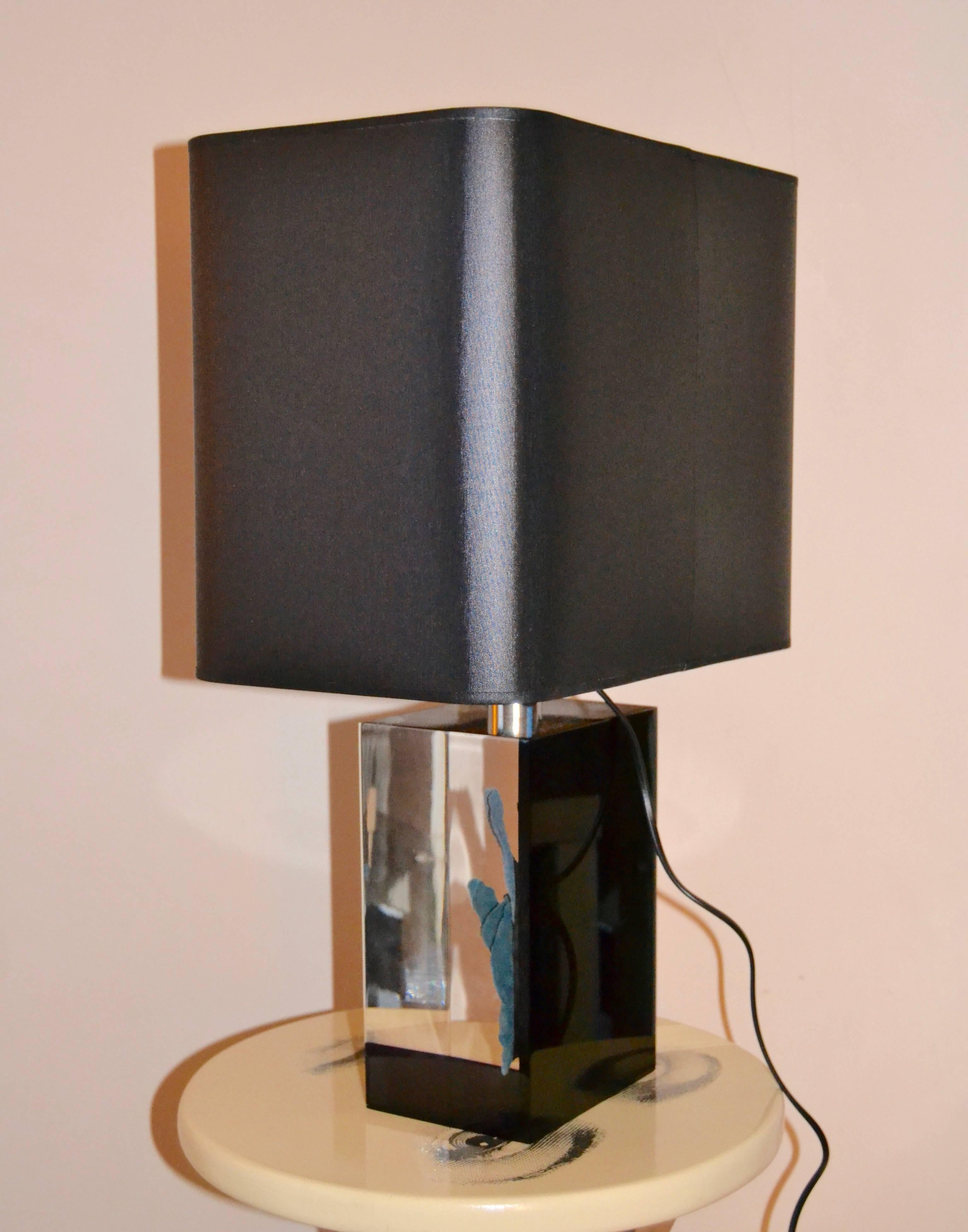 Late 20th Century 1970s Lucite and Bleu Coral Inlaid Lamp