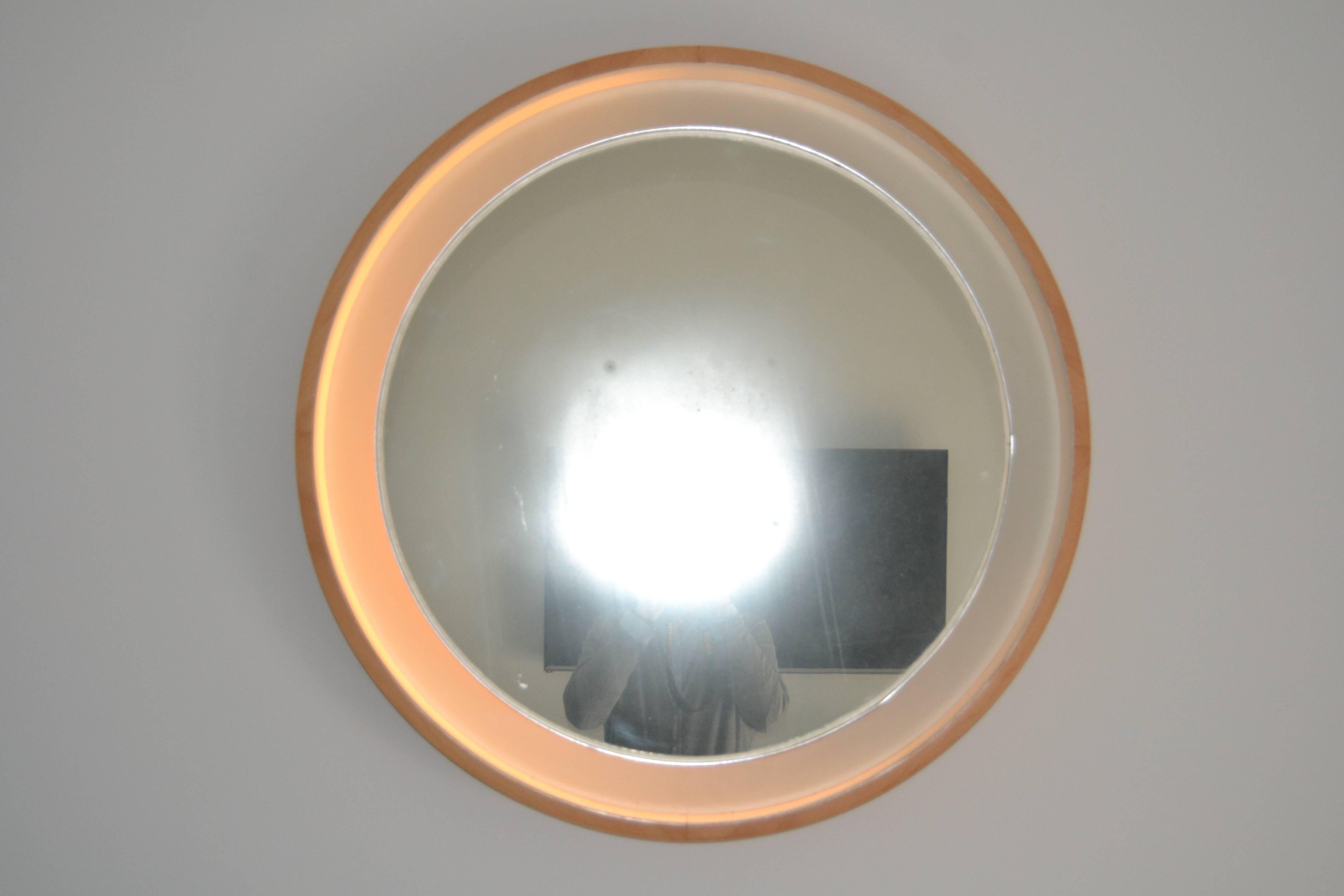 Wood 1970s Large Lighted Round Mirror