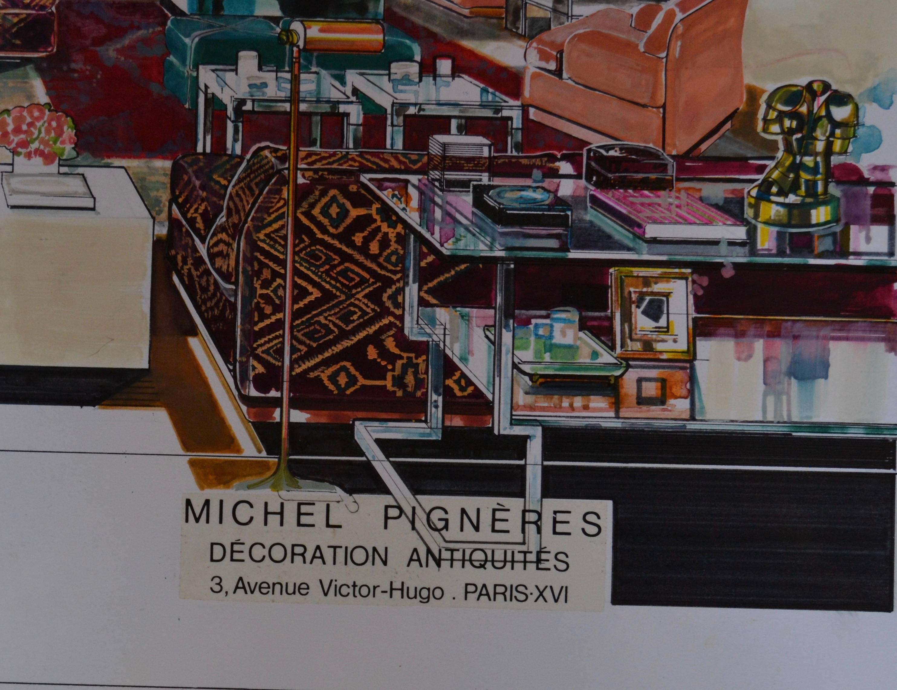 Mid-Century Modern 1970s Watercolor by Michel Pigneres For Sale