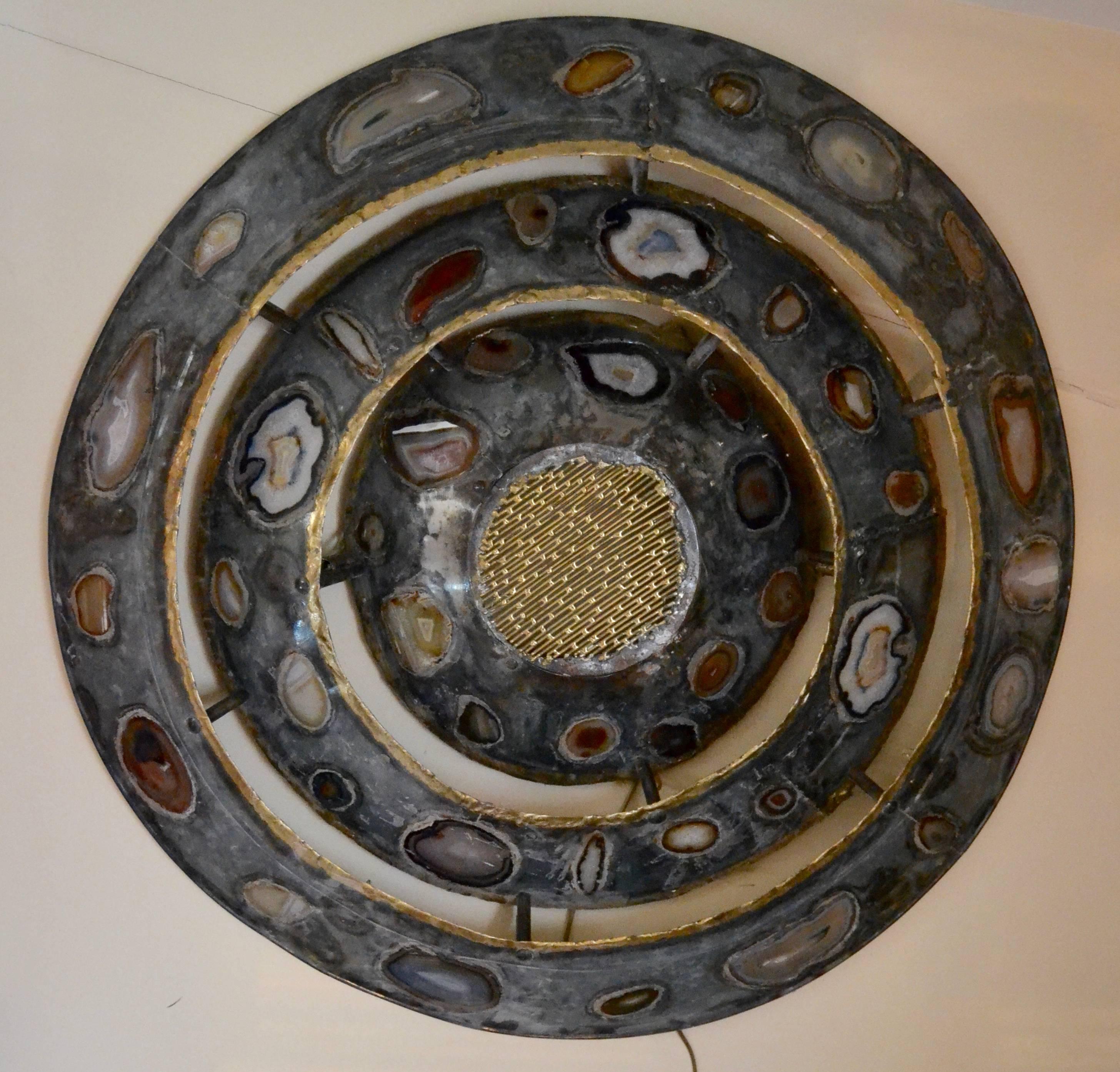 French 1970s Large Wall Light with Agates Inlaid by Henry Fernandez
