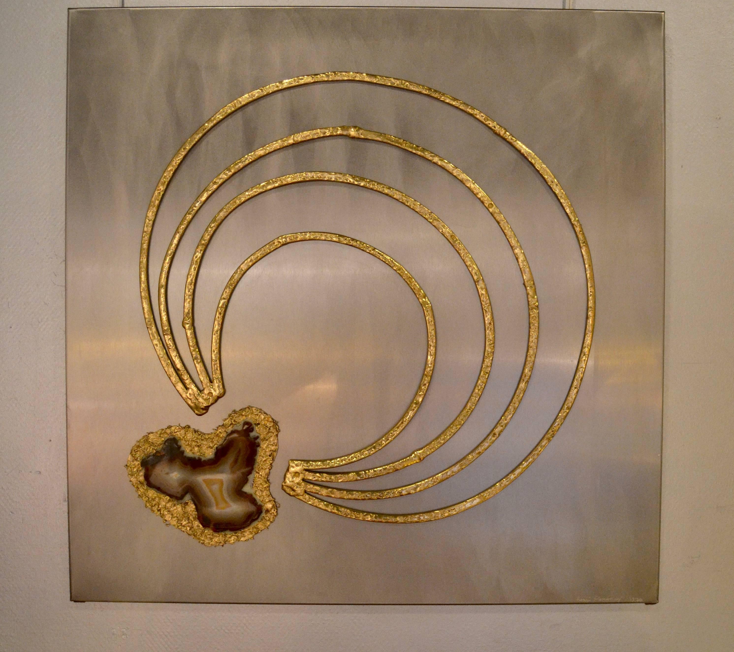 1970s steel panel in brass and agate inlaid by The French artist Henri Hernandez. Steel panel 
Signed.