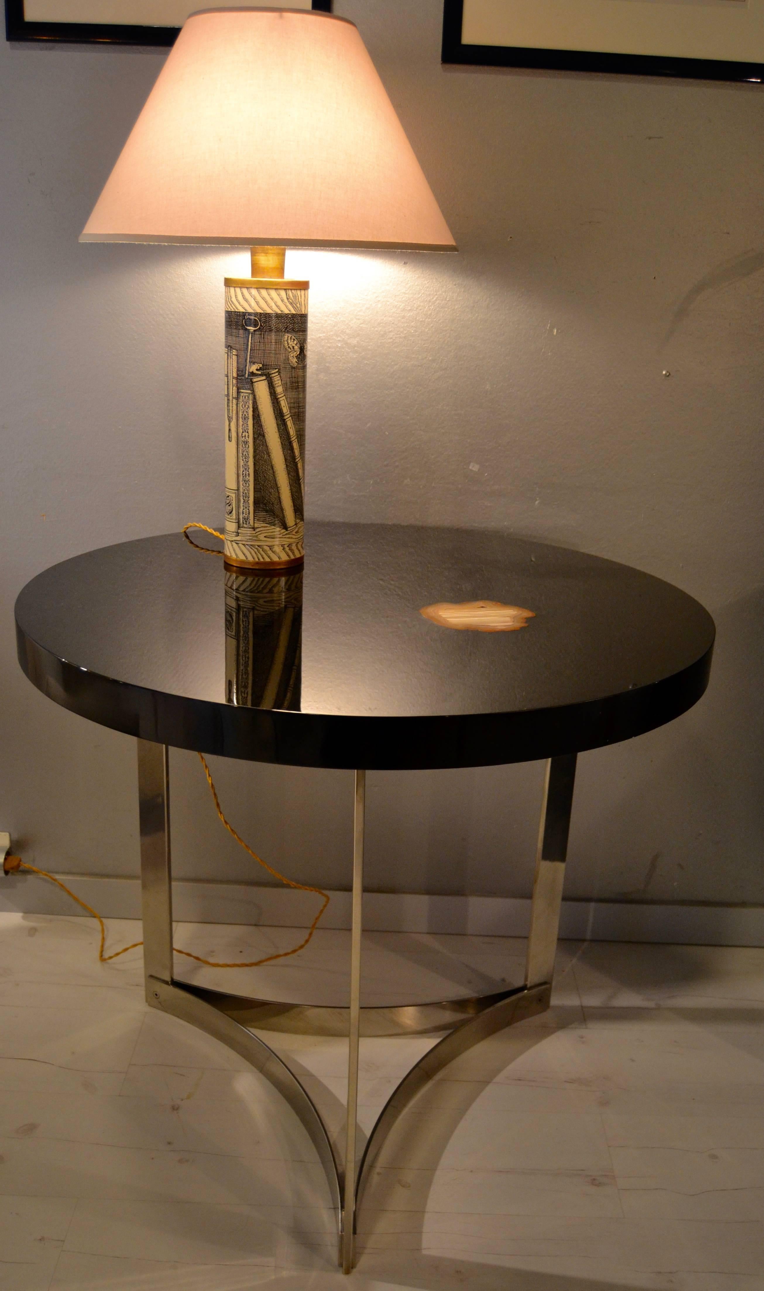 Steel 1970s Black Lacquered Table with Agate Inlaid Top