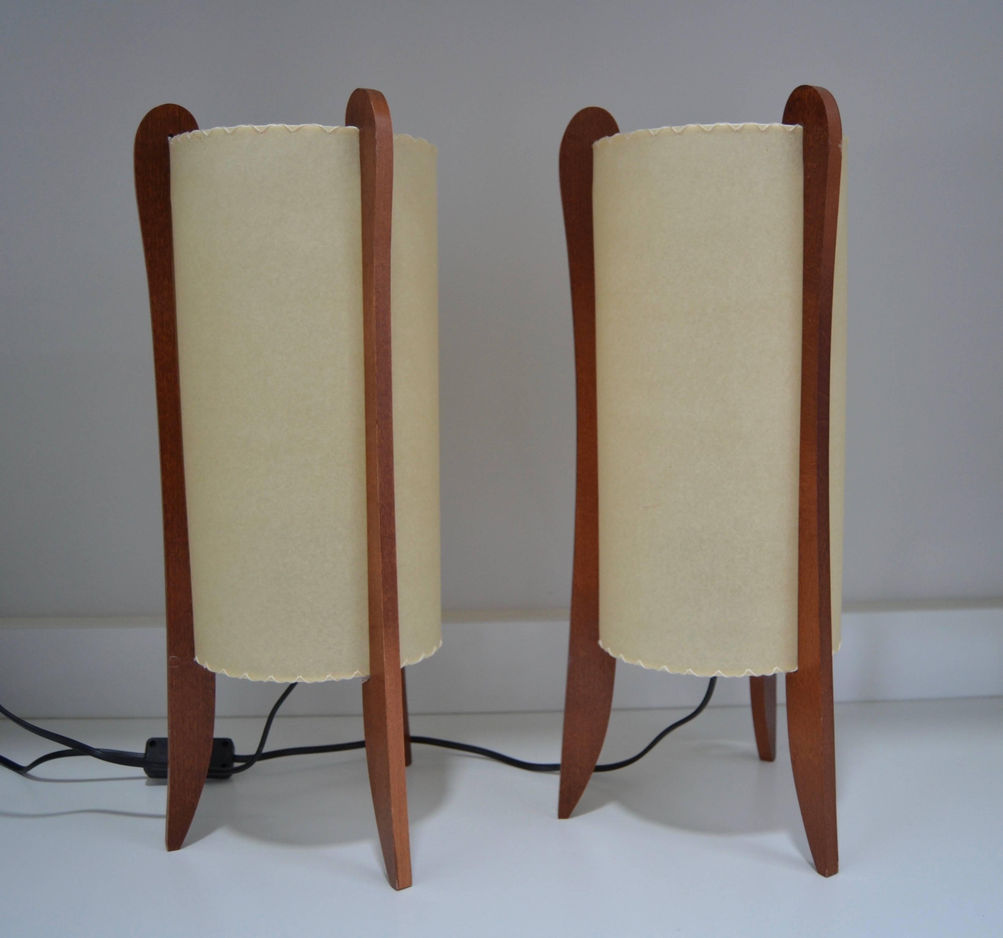French Pair of Goatskin and Mahogany Lamps