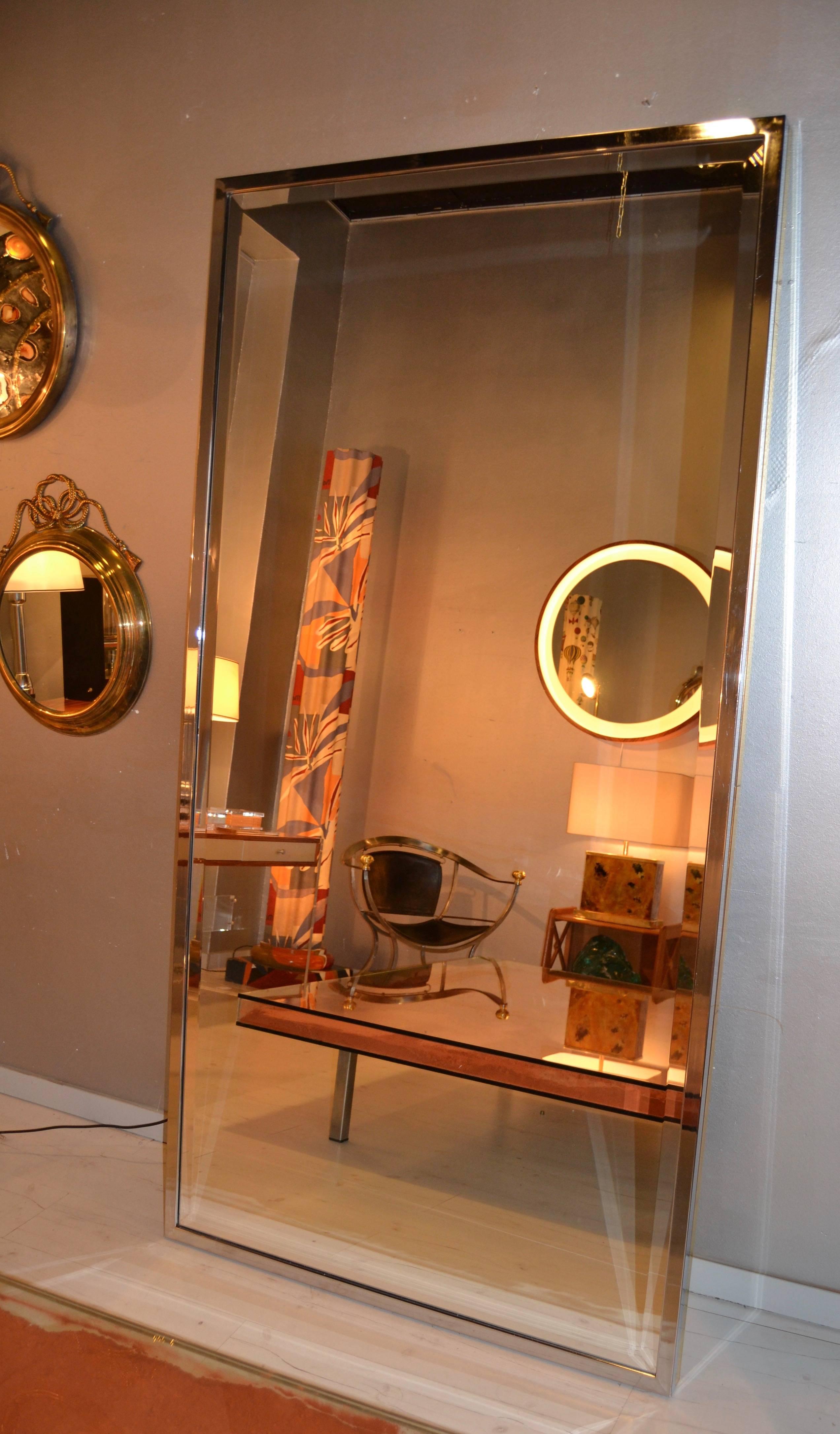Mid-Century Modern 1970s Large Chrome and Brass Mirror