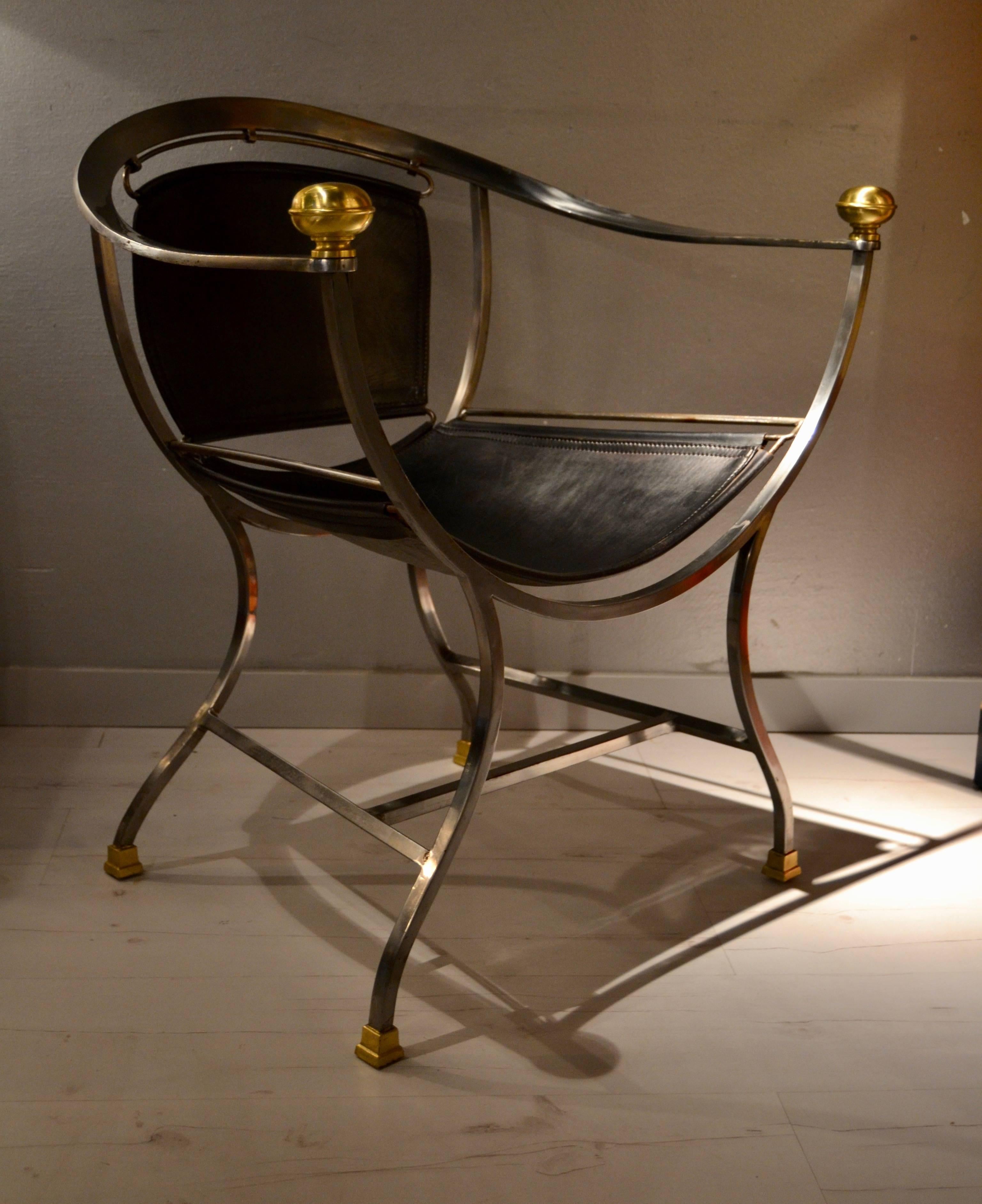 Pair of 1970s steel, bronze and black Leather armchairs by the Italian designer Alberto Orlandi
Pompei model.
  