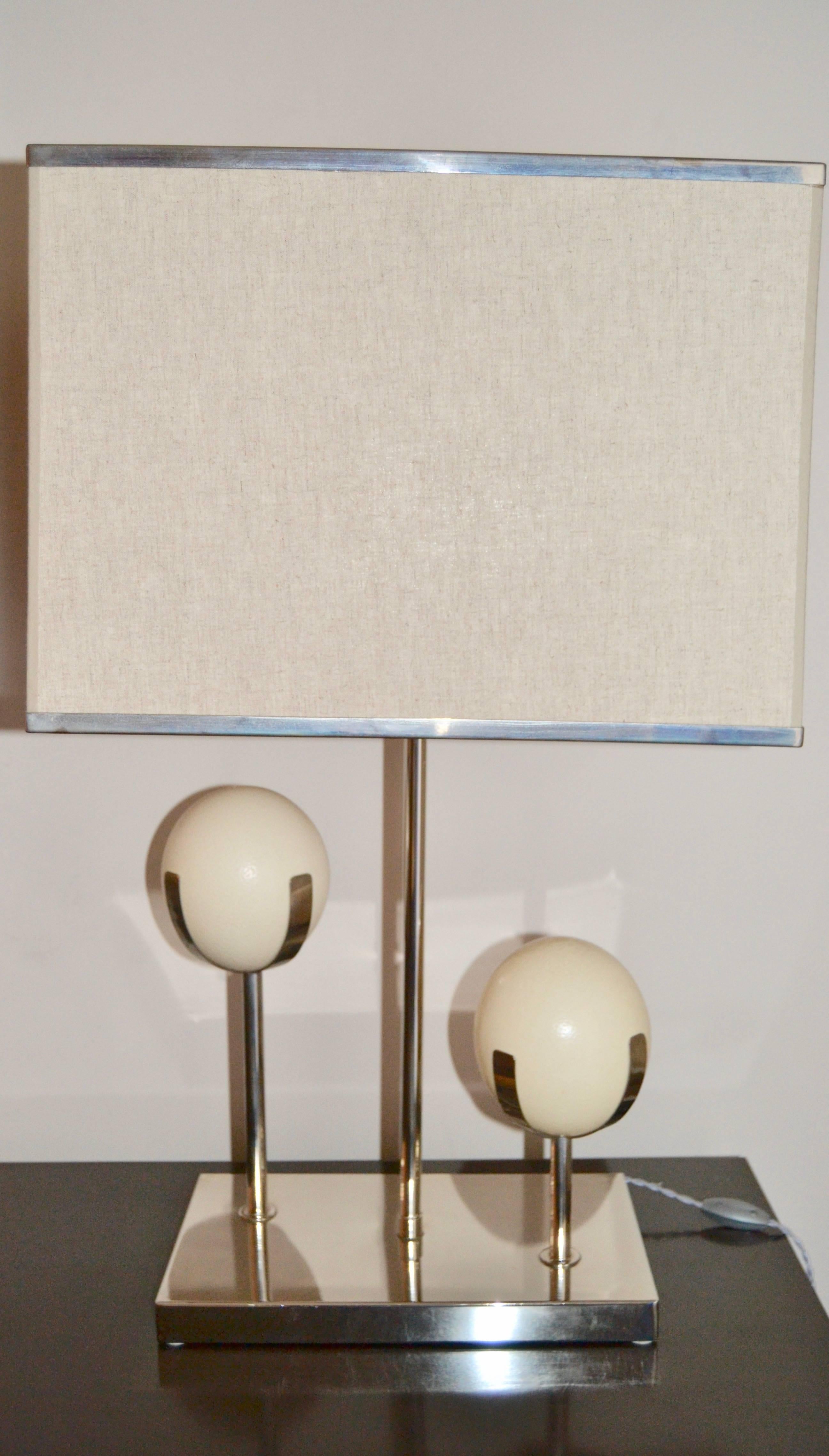 Mid-Century Modern Large 1970s Chromed Steel and Ostrich Egg Shell Lamp