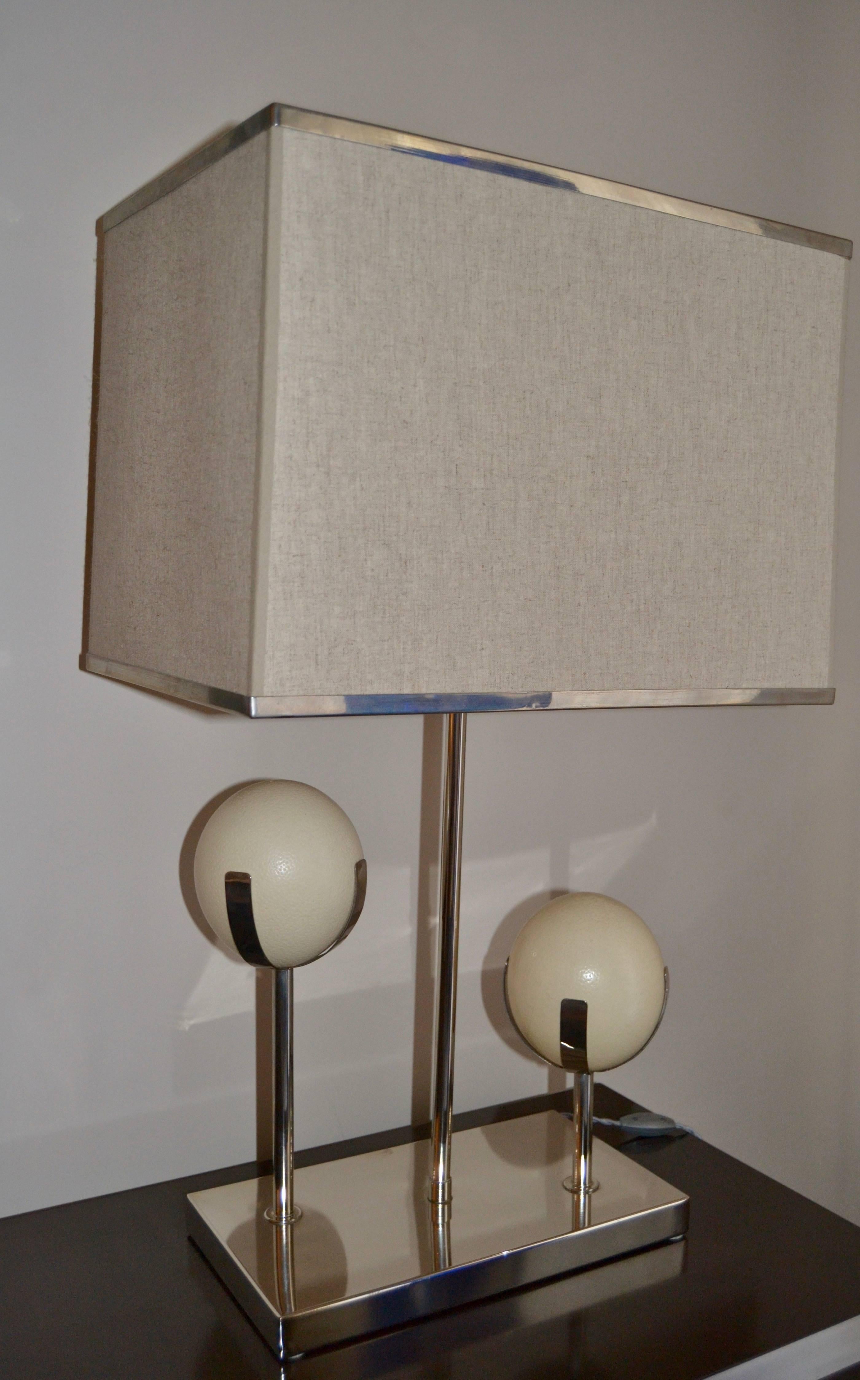 Large 1970s chromed steel and two ostrich egg shell table lamp
Rewired with New Shade
Great vintage condition.