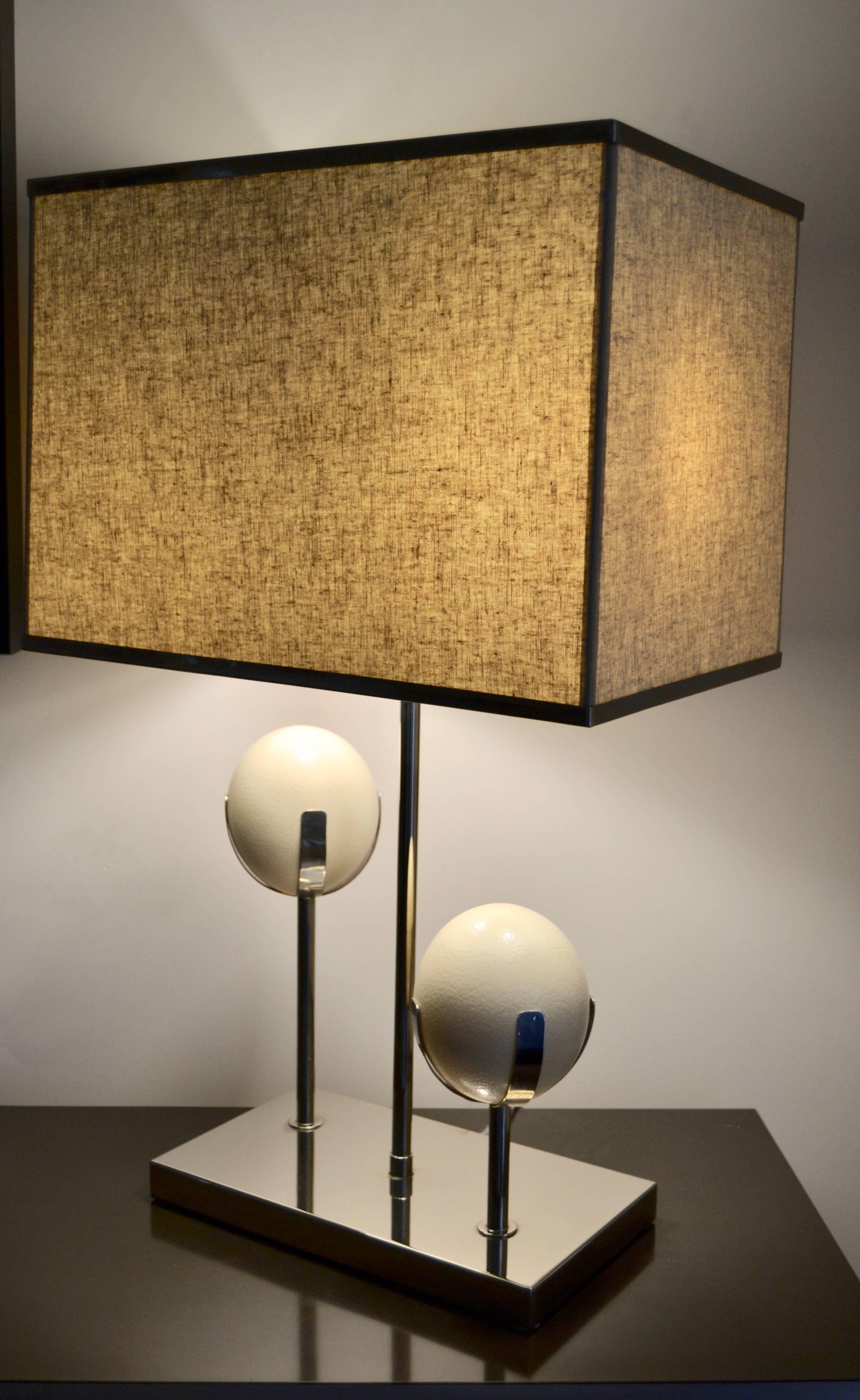 Large 1970s Chromed Steel and Ostrich Egg Shell Lamp In Excellent Condition In Saint-Ouen, FR