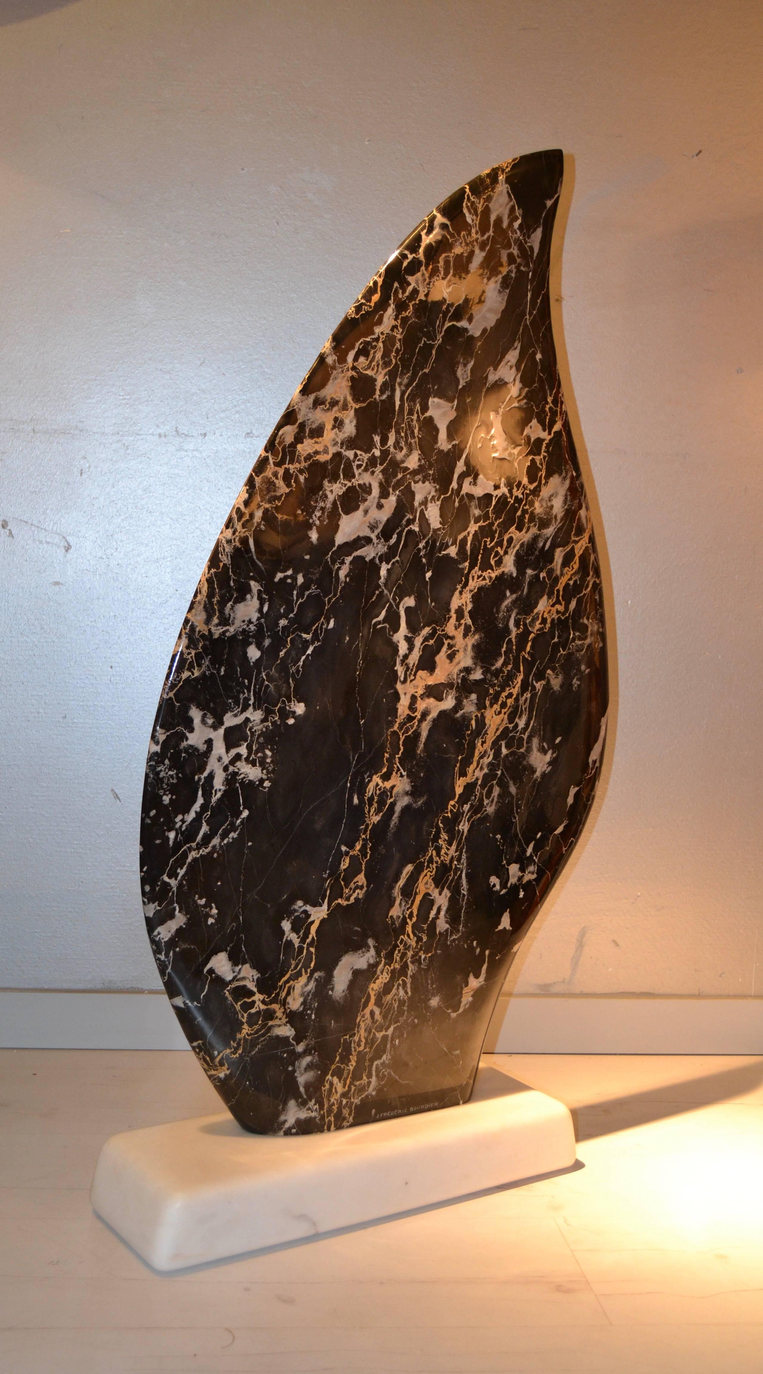 Large Portoro marble sculpture with white estremoz base by the talented French  artist J F Bourdier