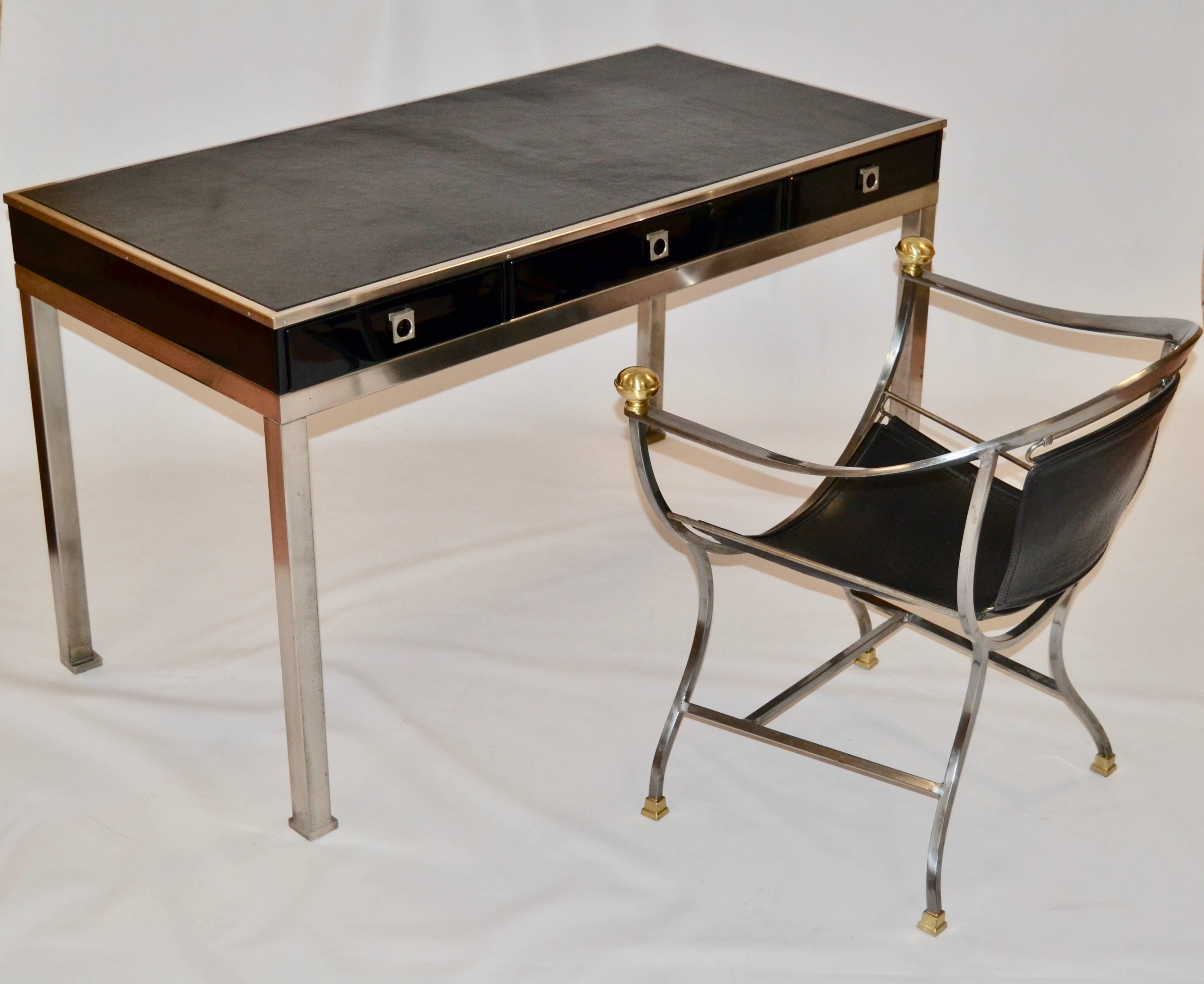Brushed 1970s Black Lacquered Desk by Maison Jansen