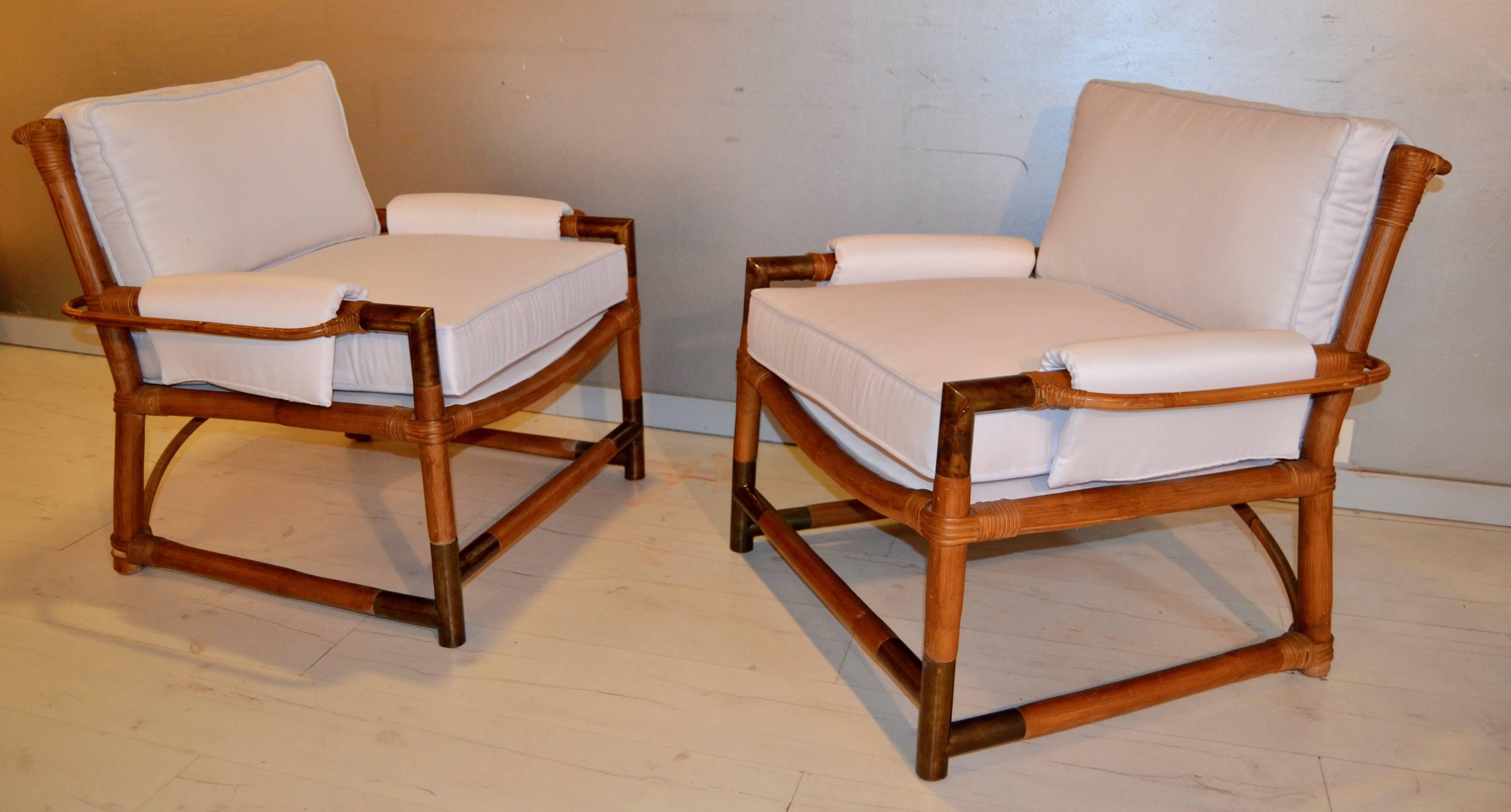 1970s, Italian set of six pieces in bamboo and brass details compose by
Measures: Two armchairs 80 cm x 75 cm x 75 cm
One sofa 140 cm x 75 cm x 75 cm
Two side tables 44 cm x 44 cm x 44 cm
One coffee table 95 cm x 55 cm x 44 cm

New upholstered.