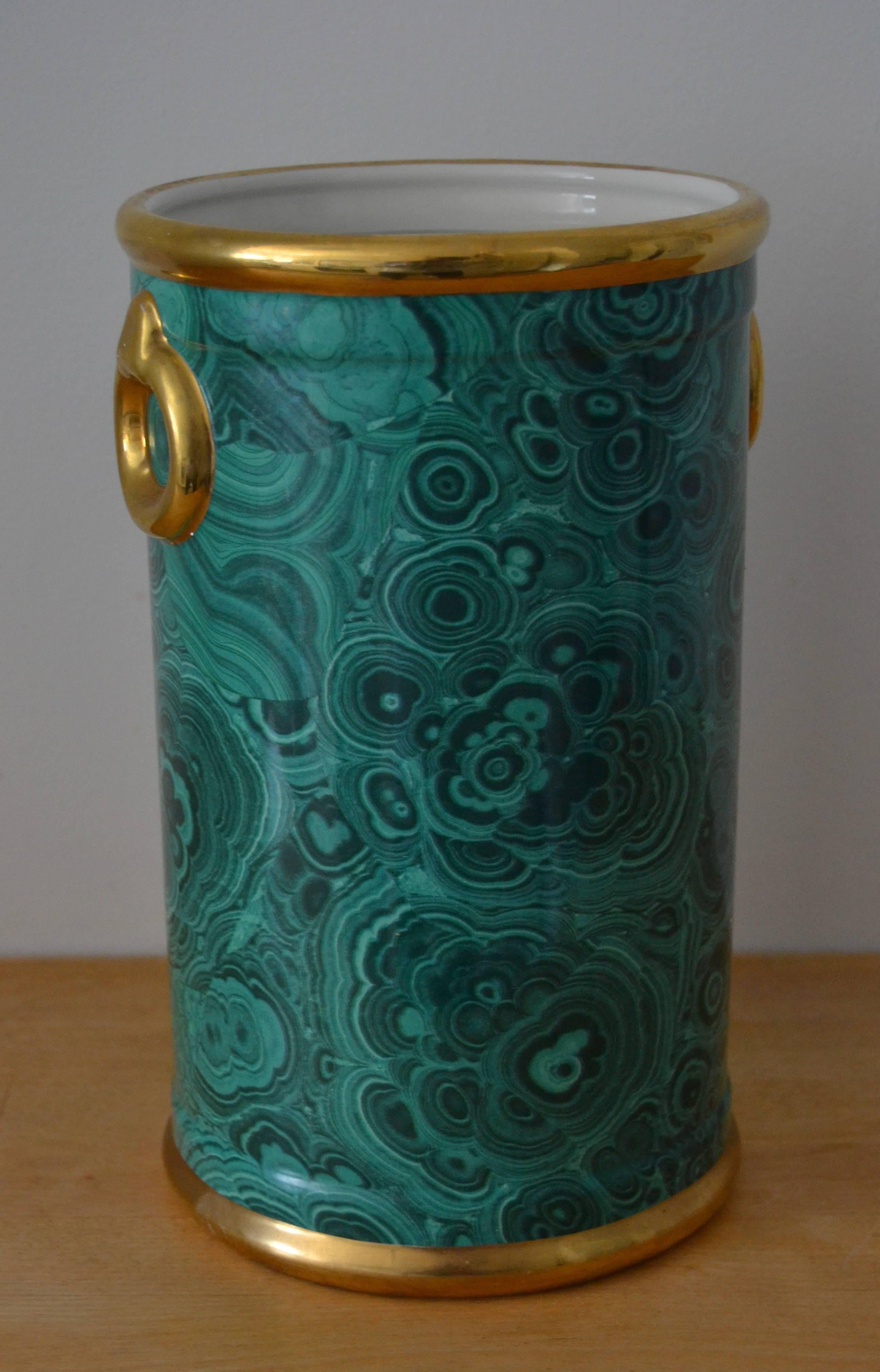 1970s ceramic vase or cooler with faux malachite and gold details 
Signed by Christian Dior, France.

 