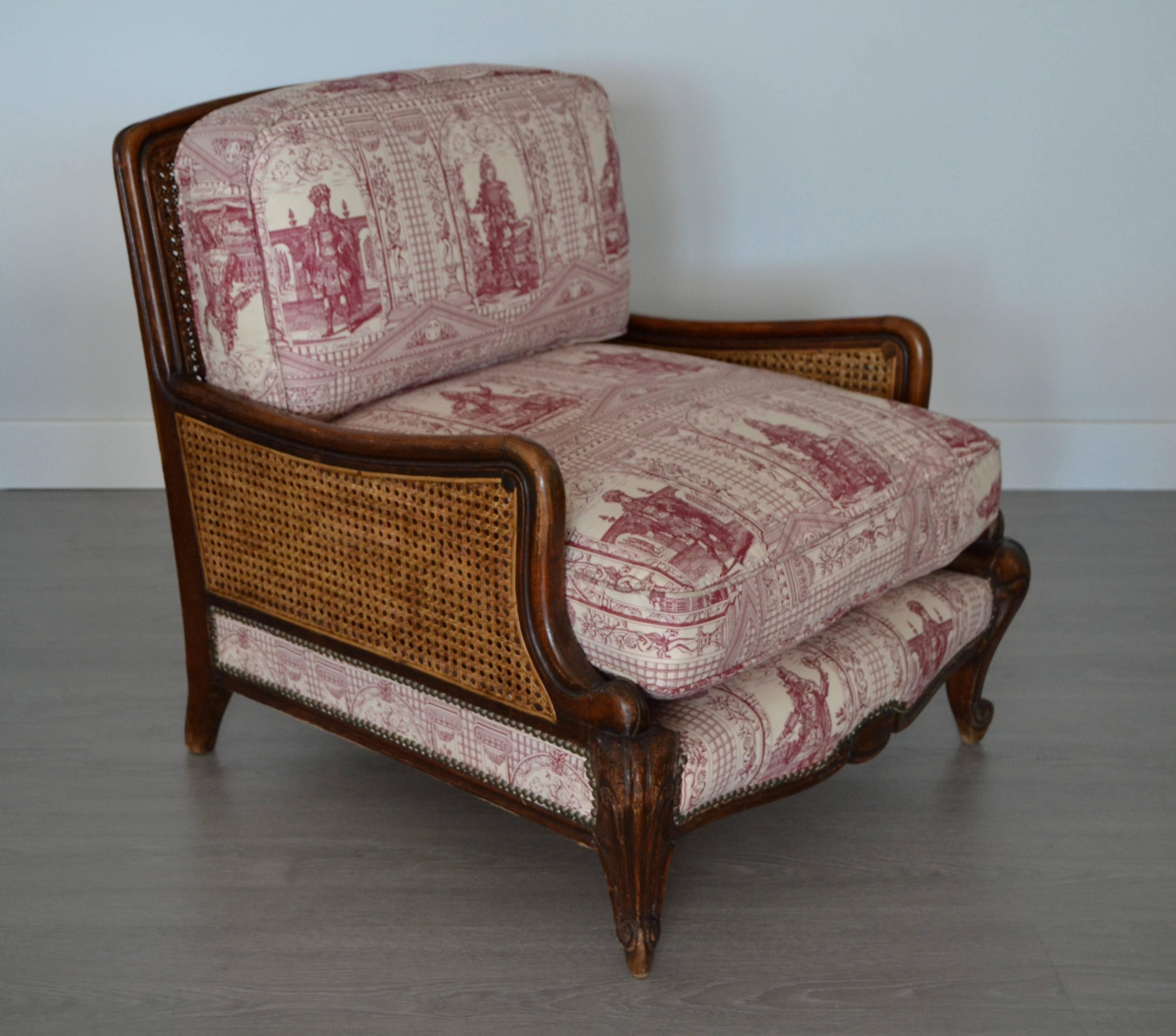 Fabric Wood and Wicker French Armchair, 1900