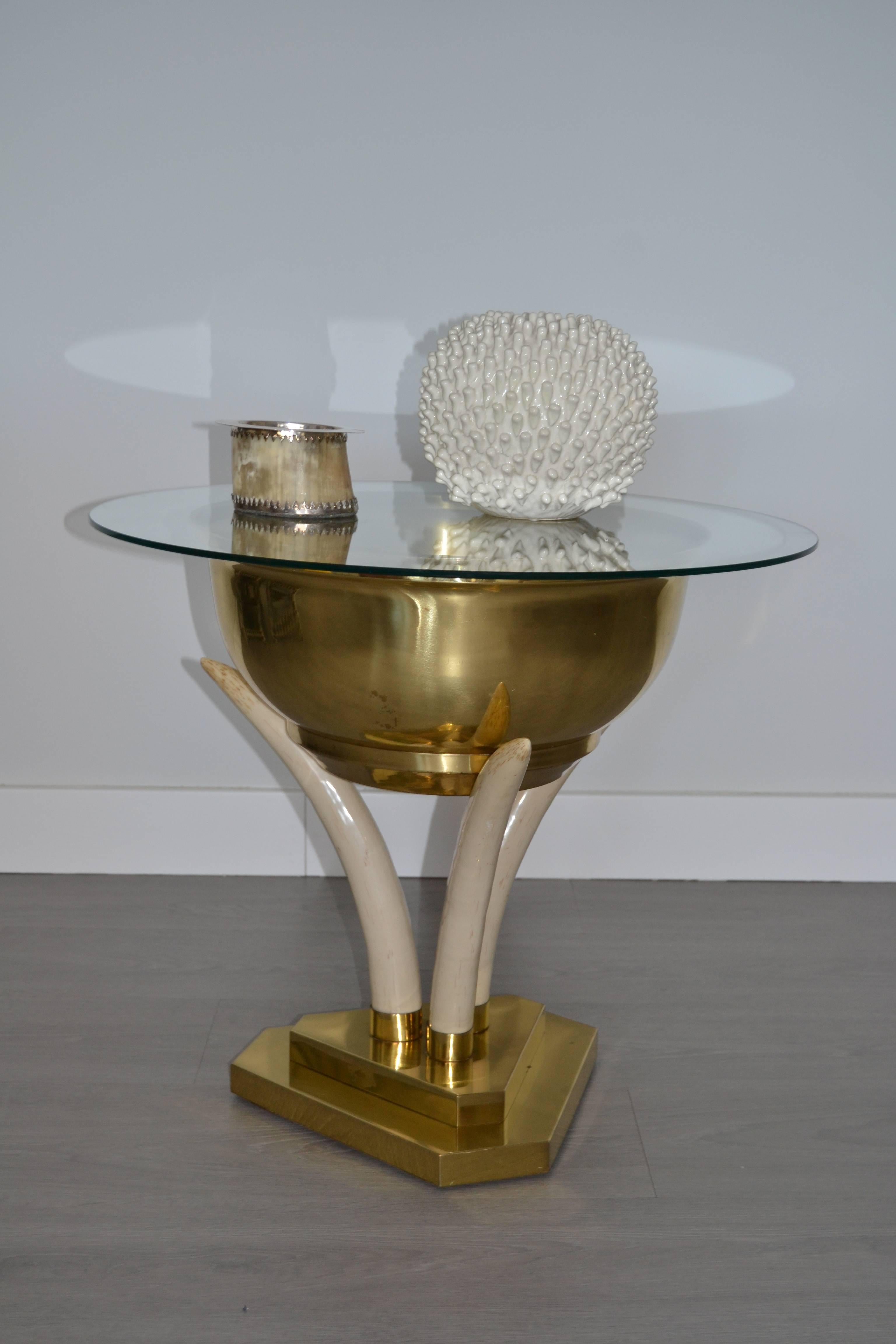 1970s Table with Elephant Tusk and Brass Details 5