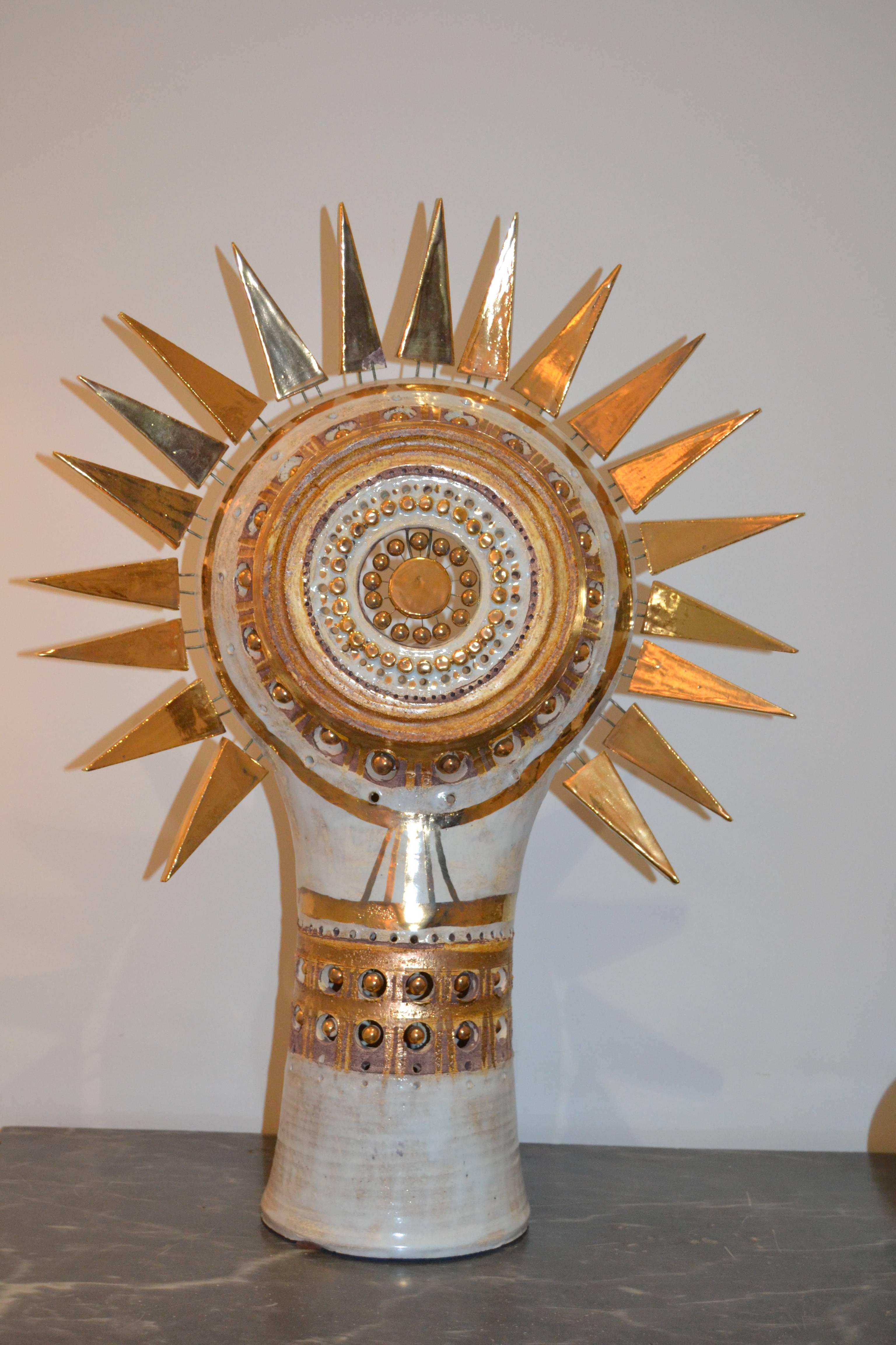 1970s ceramic table lamps with gold leaf details signed on the back by the artist
Great vintage condition.