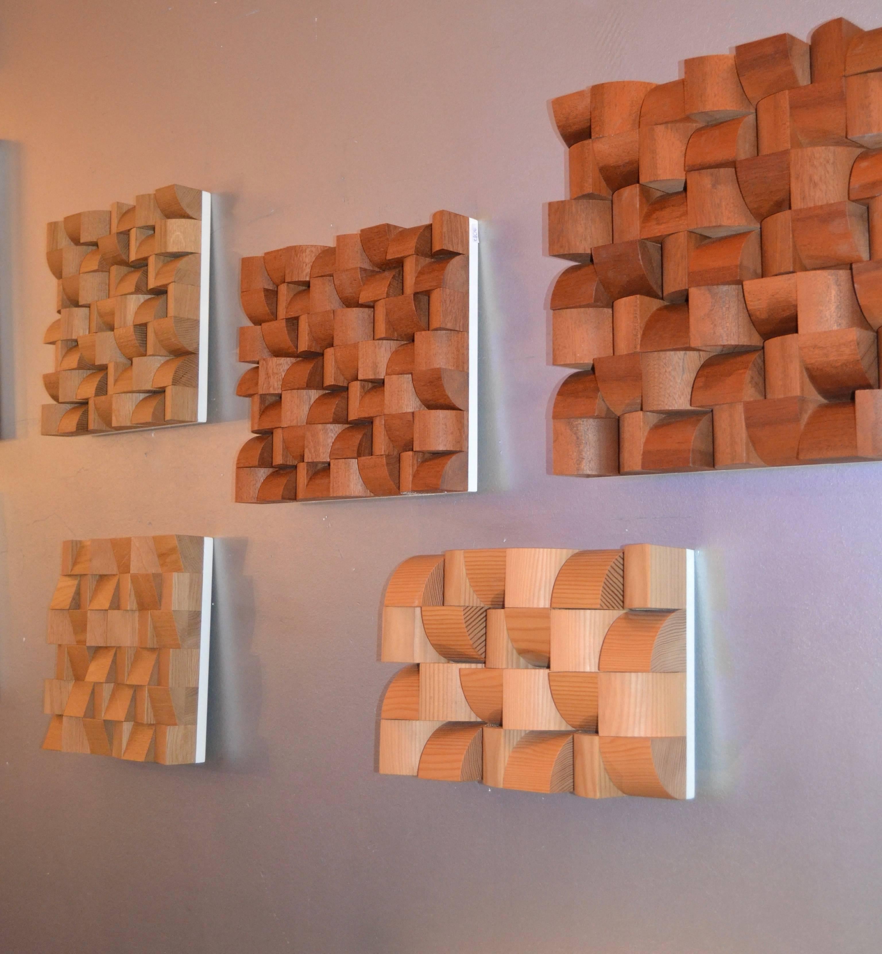 Set of contemporary wooden artwork composed by seven pieces with different quality of wood by the Spanish artist PF

 
Measure: Top Line from left to right, 30cm x 30cm, 24cm x 26cm, 30cm x 20cm
Down line from left to right, 32cm x 32 cm, 32cm x