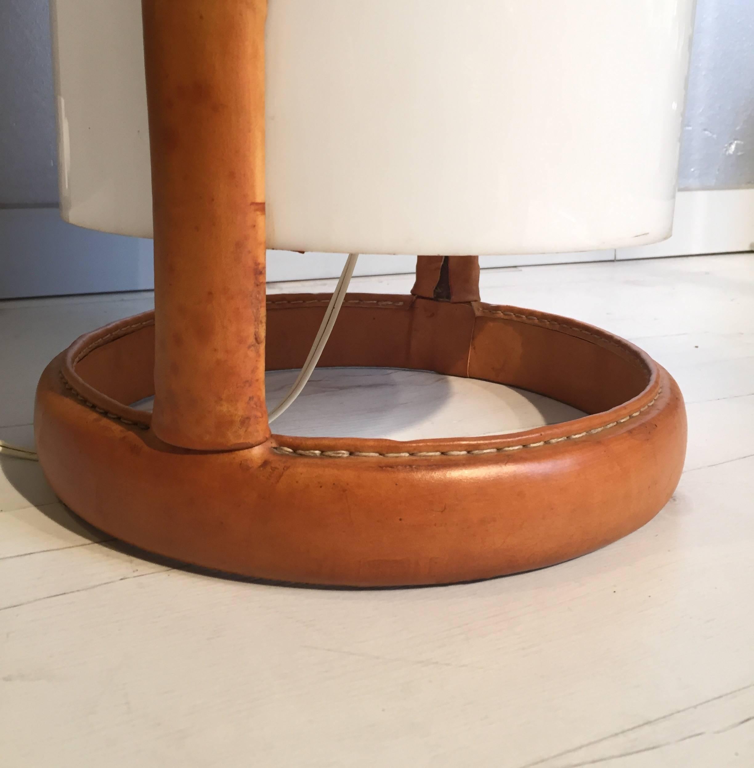 Mid-Century Modern Jacques Adnet Stitched Leather and Perpex Floor Lamp For Sale