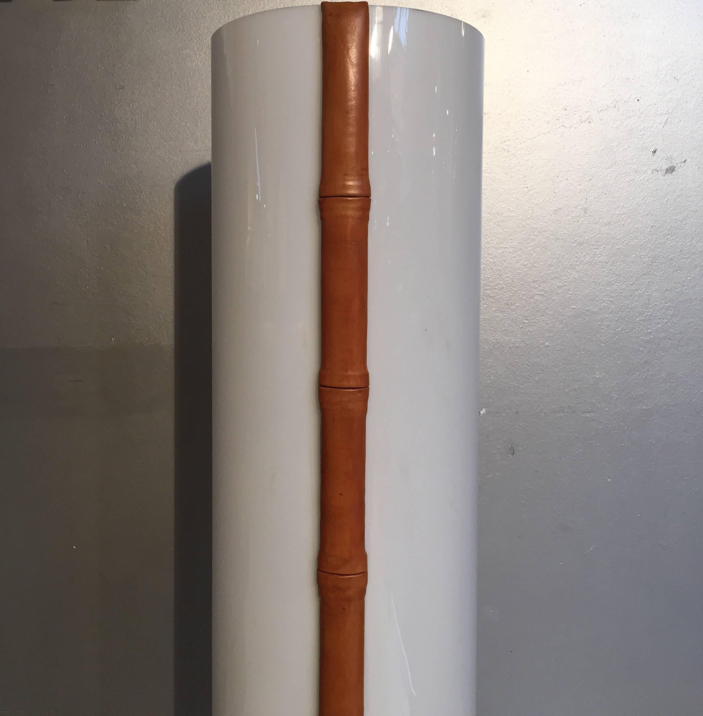 Lucite Jacques Adnet Stitched Leather and Perpex Floor Lamp For Sale