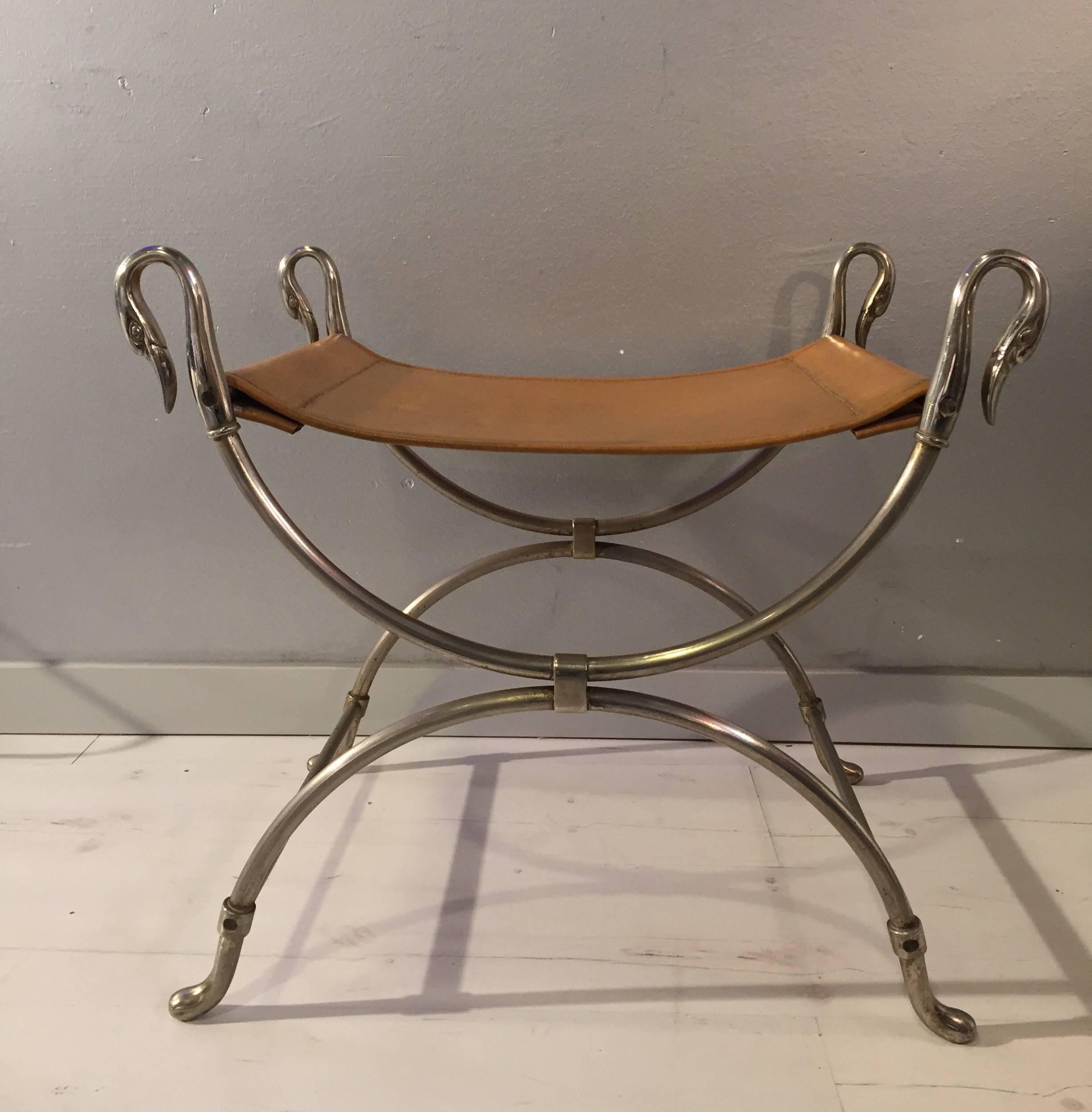 Maison Charles stop with brown original leather and chrome steel base, France, 1970.