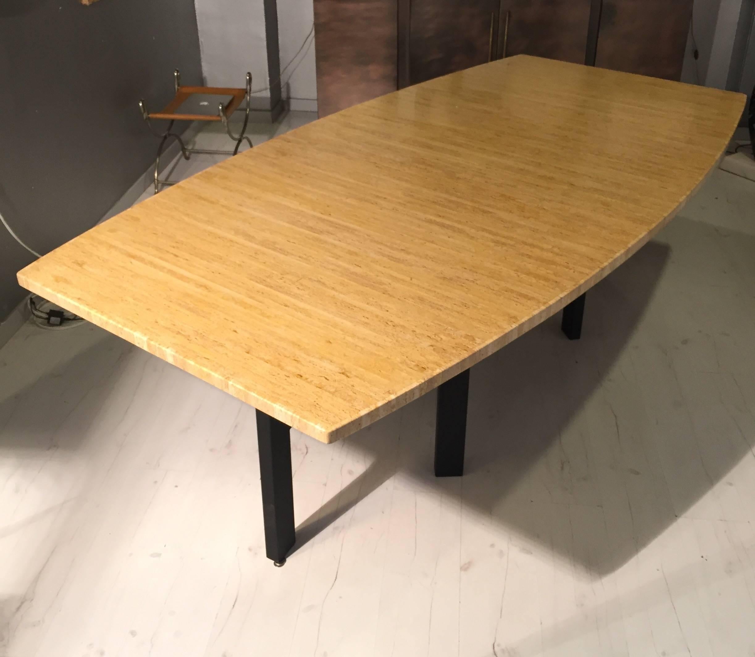 1980s dining table by Etienne Allemeersch, top is in travertine marble marquetry
black iron feet.