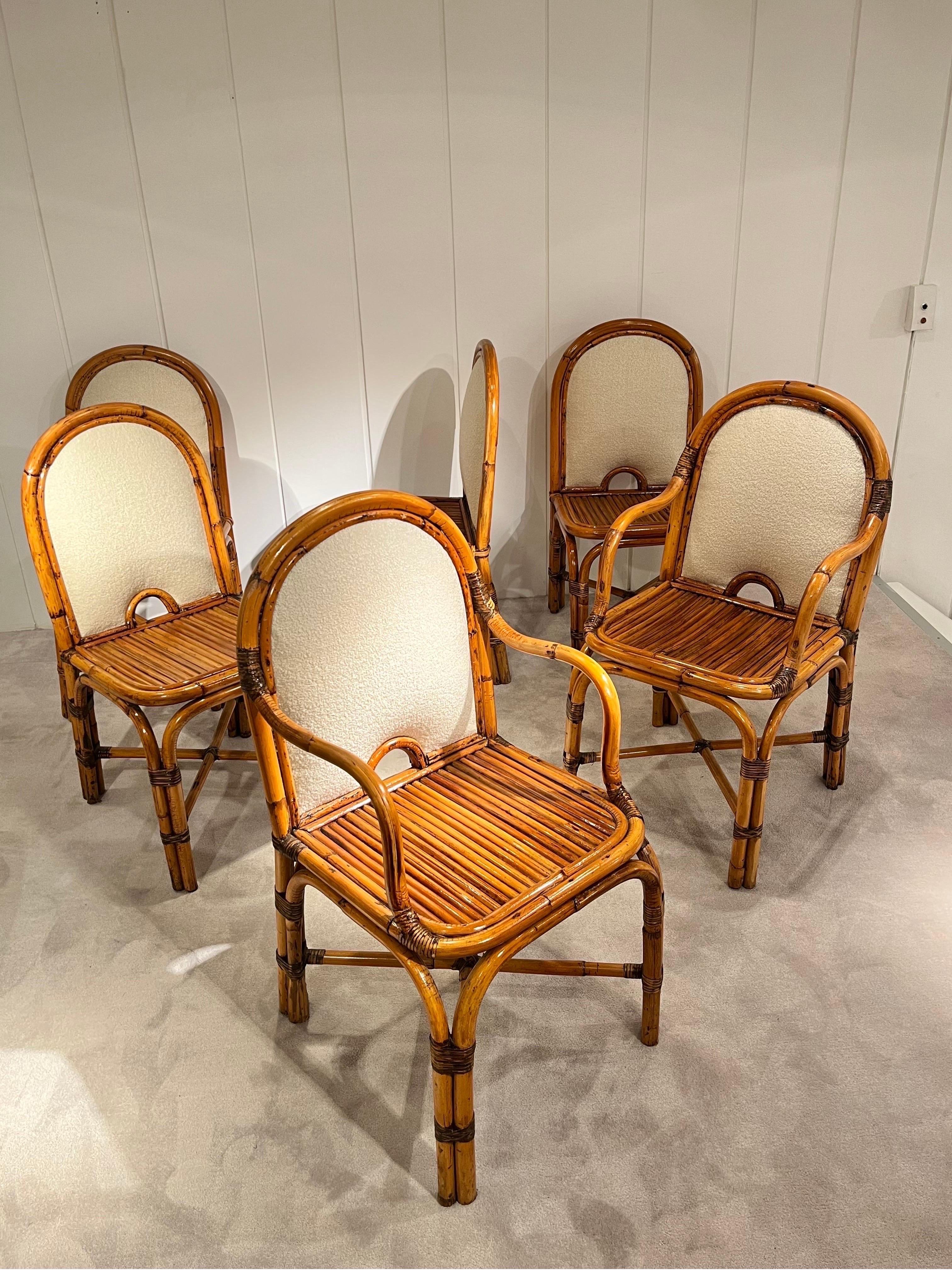 Set of 6 chairs in rattan and fabric by Gabriella Crespi
Composed by 2 armchairs and 4 chairs
Rising Sun collection 
All chairs have the signature stamped on brass 
Italy 1975
the buyer can be provide with an aythenticity certificate from the