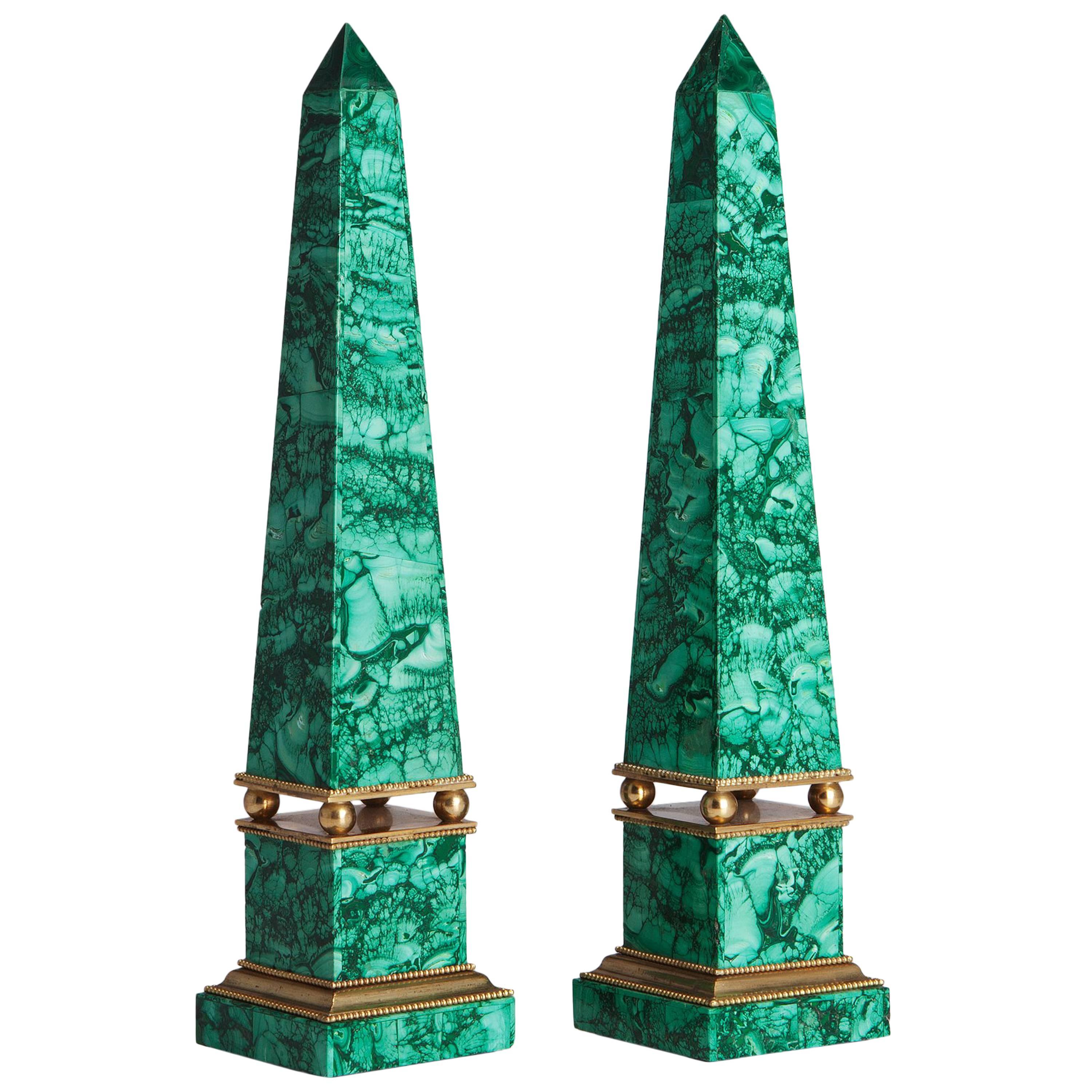 Russian Malachite Obelisks and Gilt Bronze, 19th Century For Sale