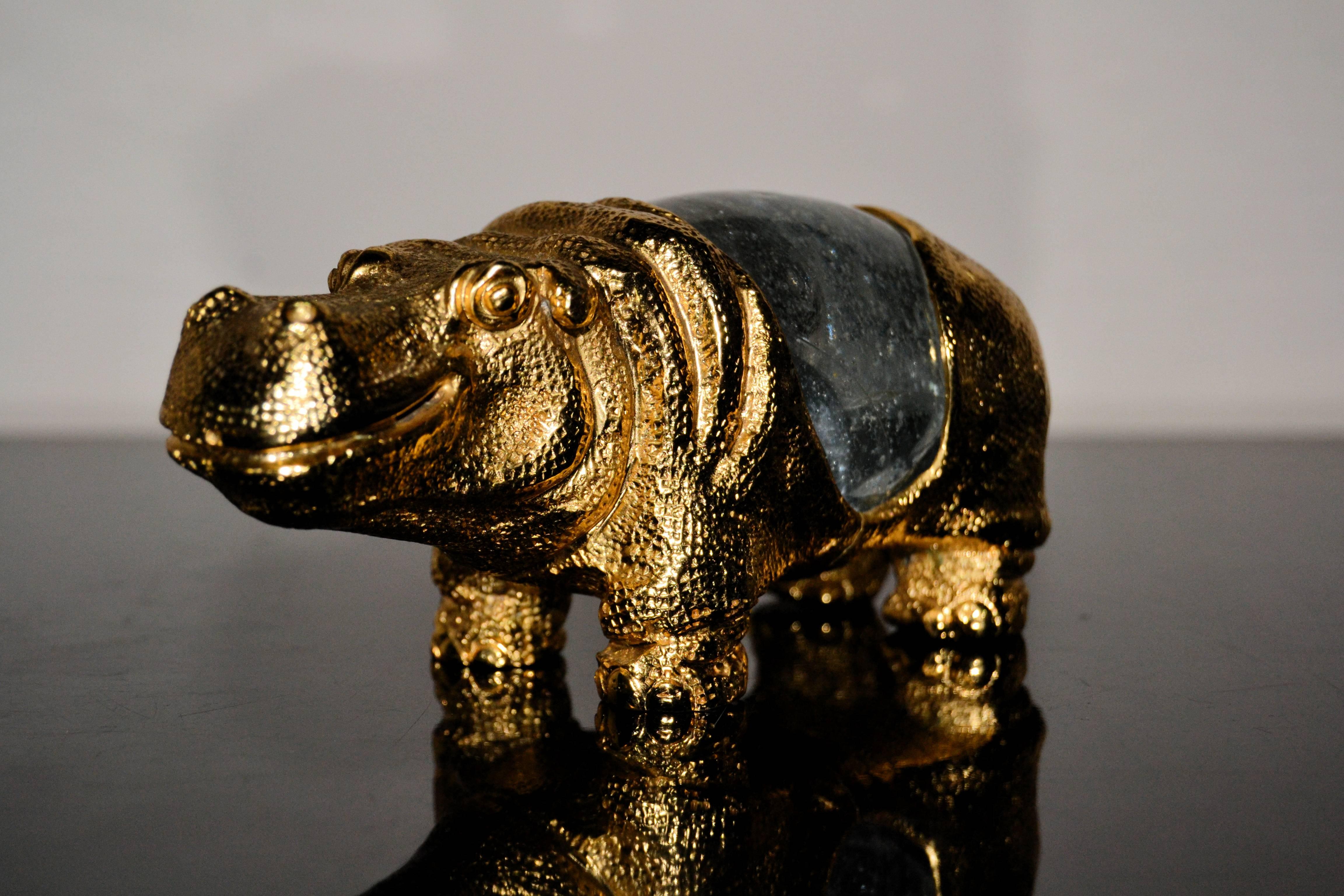 1970s animal Sculpture of hippopotamus in bronze and barovier-toso glass signed by Gabriella Crespi
