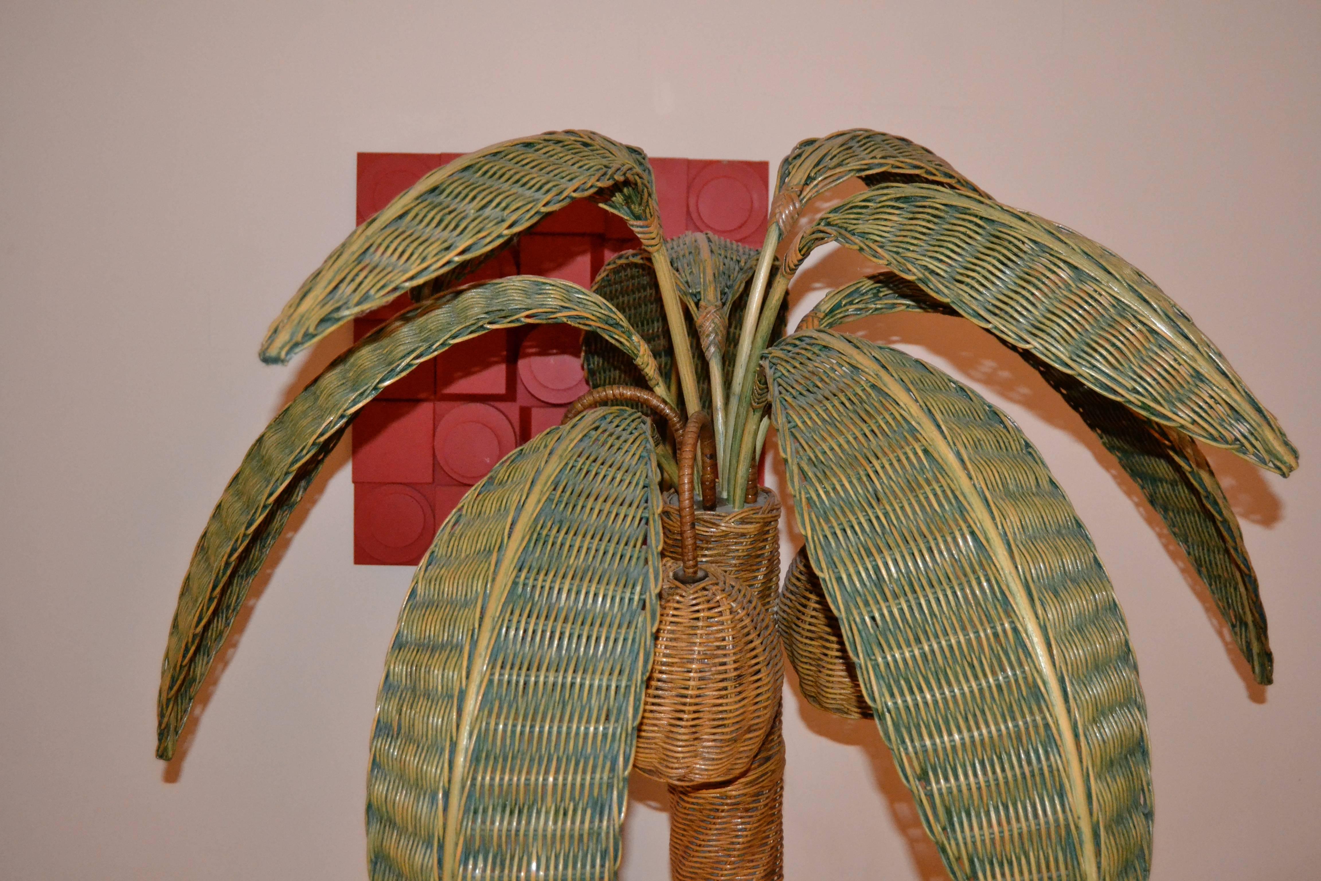 Bamboo 1970s Large Palm Tree Floor Lamp in Rattan