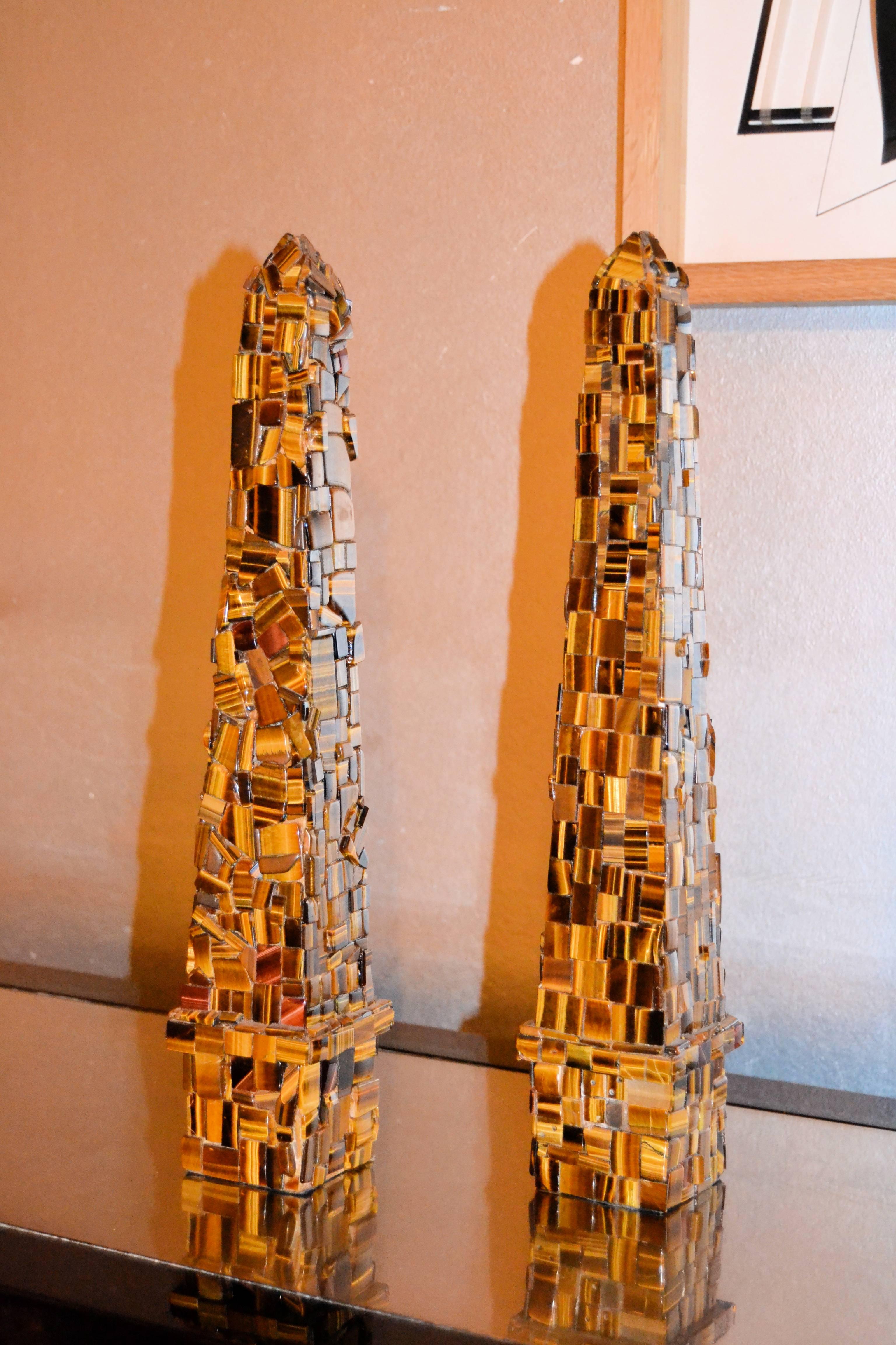 Pair of 1980s obelisk in tessellated jade precious stone from the Belgian artist Ado Chale.
 