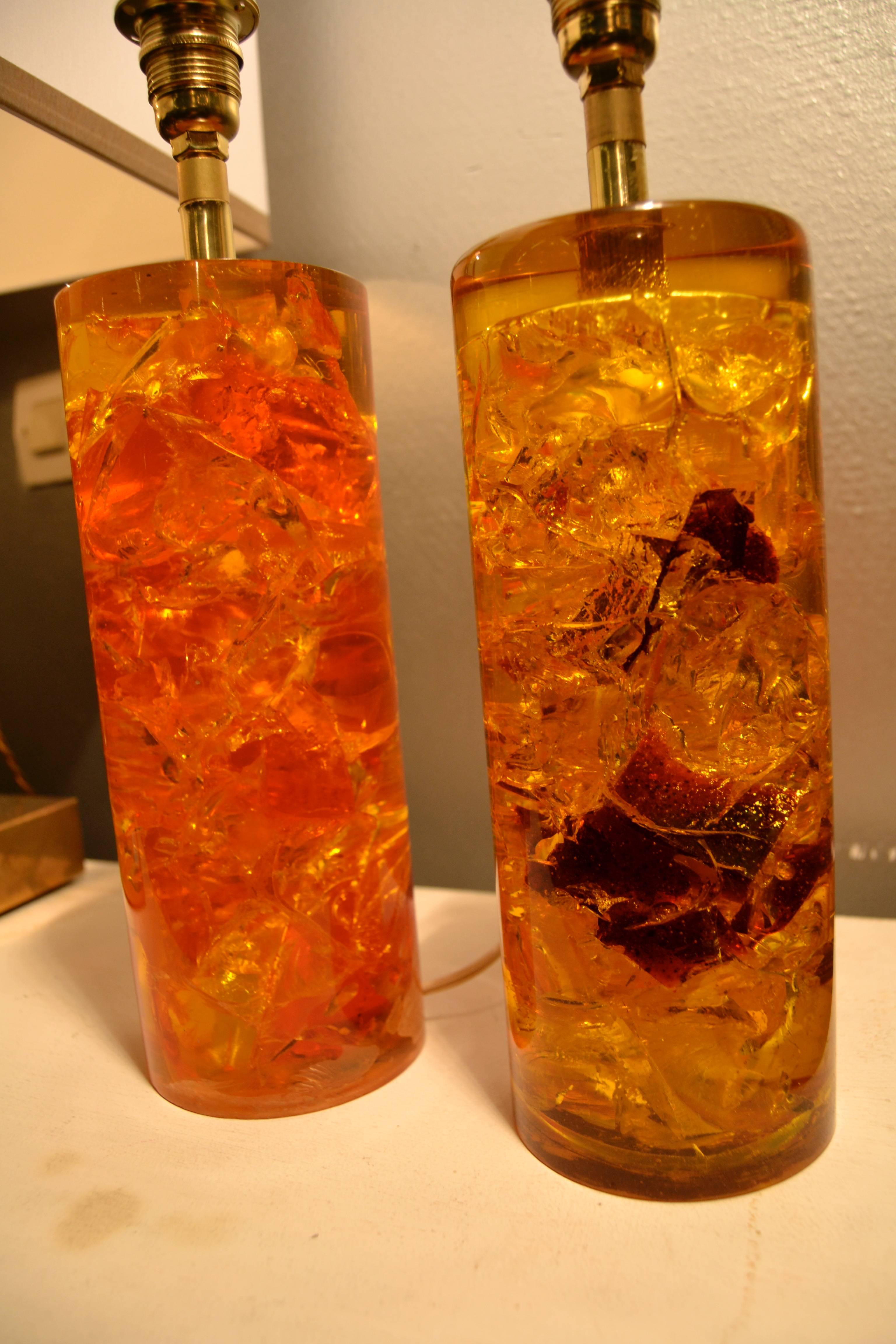 2 fractal resin table lamps in orange and amber color.Circa 1970
