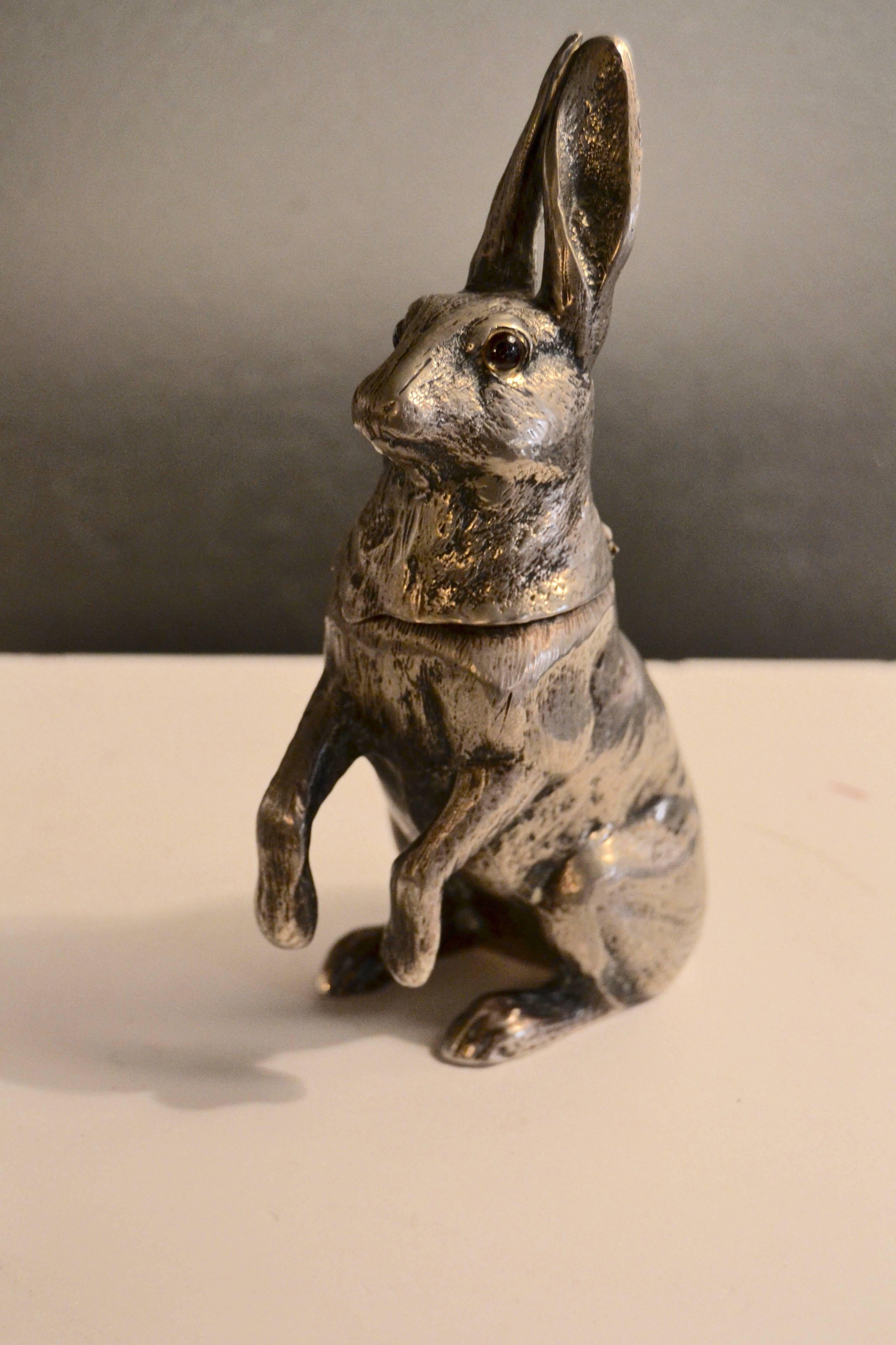 Decorative XX century inkwell or box representing a silver plated hare.