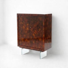 Italian Mid-Century Modern Style Burl Wood Cabinet on Floating Glass Bases