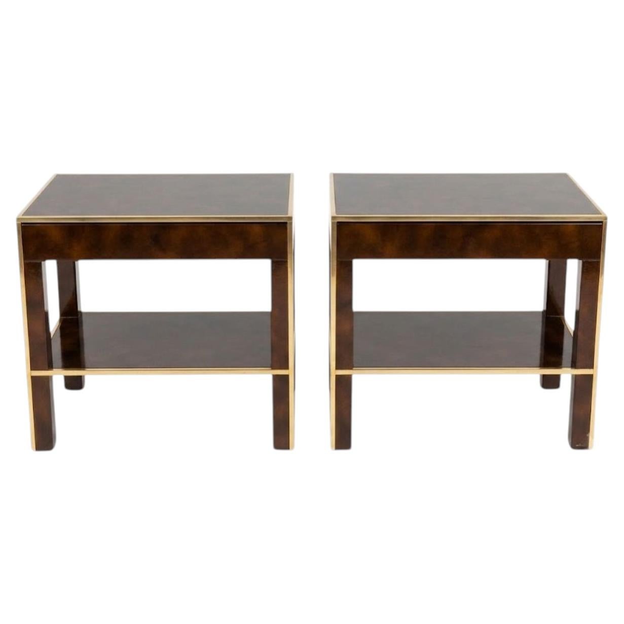 Pair of French Mid-Century Modern Lacquered Side Tables with Gilded Brass Trim For Sale