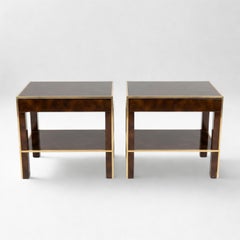 Pair of French Mid-Century Modern Lacquered Side Tables with Gilded Brass Trim