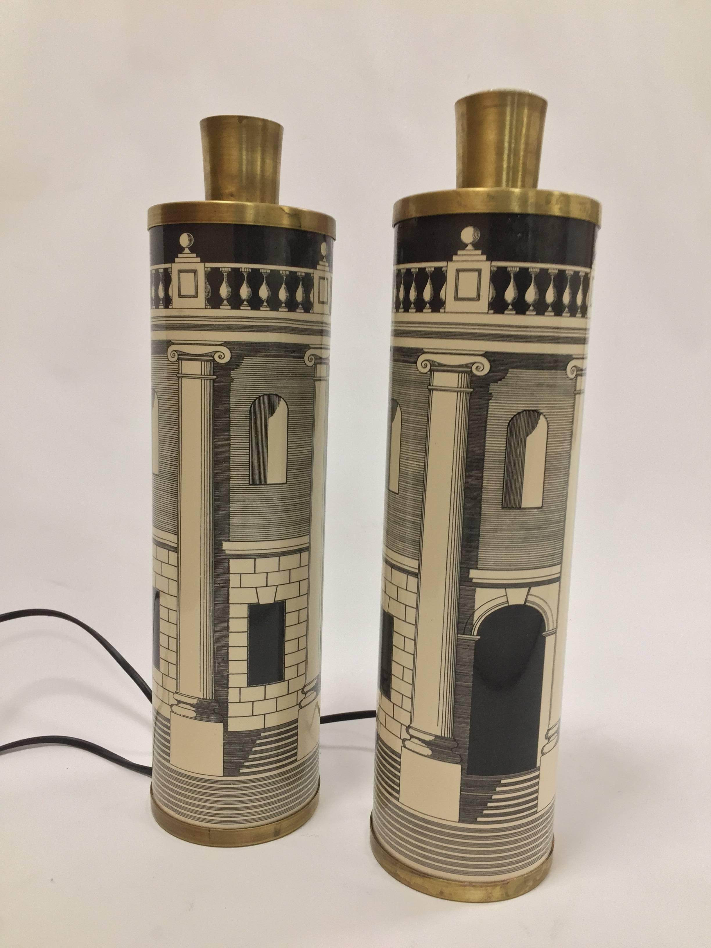 Pair of 1970s enameled metal and brass Fornasetti Palladia lamps
Good vintage condition.