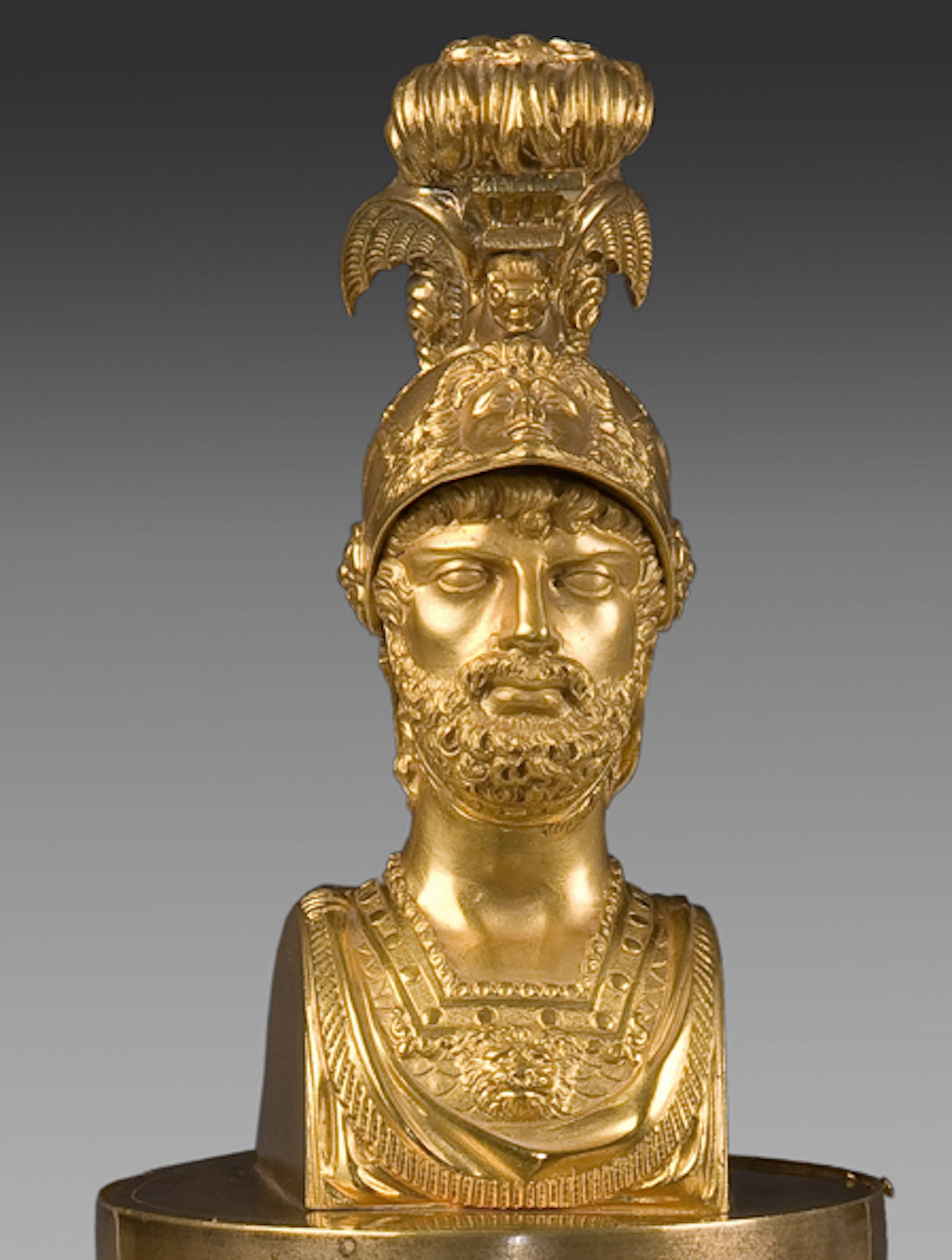 An Empire gilt bronze clock mantel, circa 1800
The case surmounted by an Alexander the Great bust.
Dial signed: 