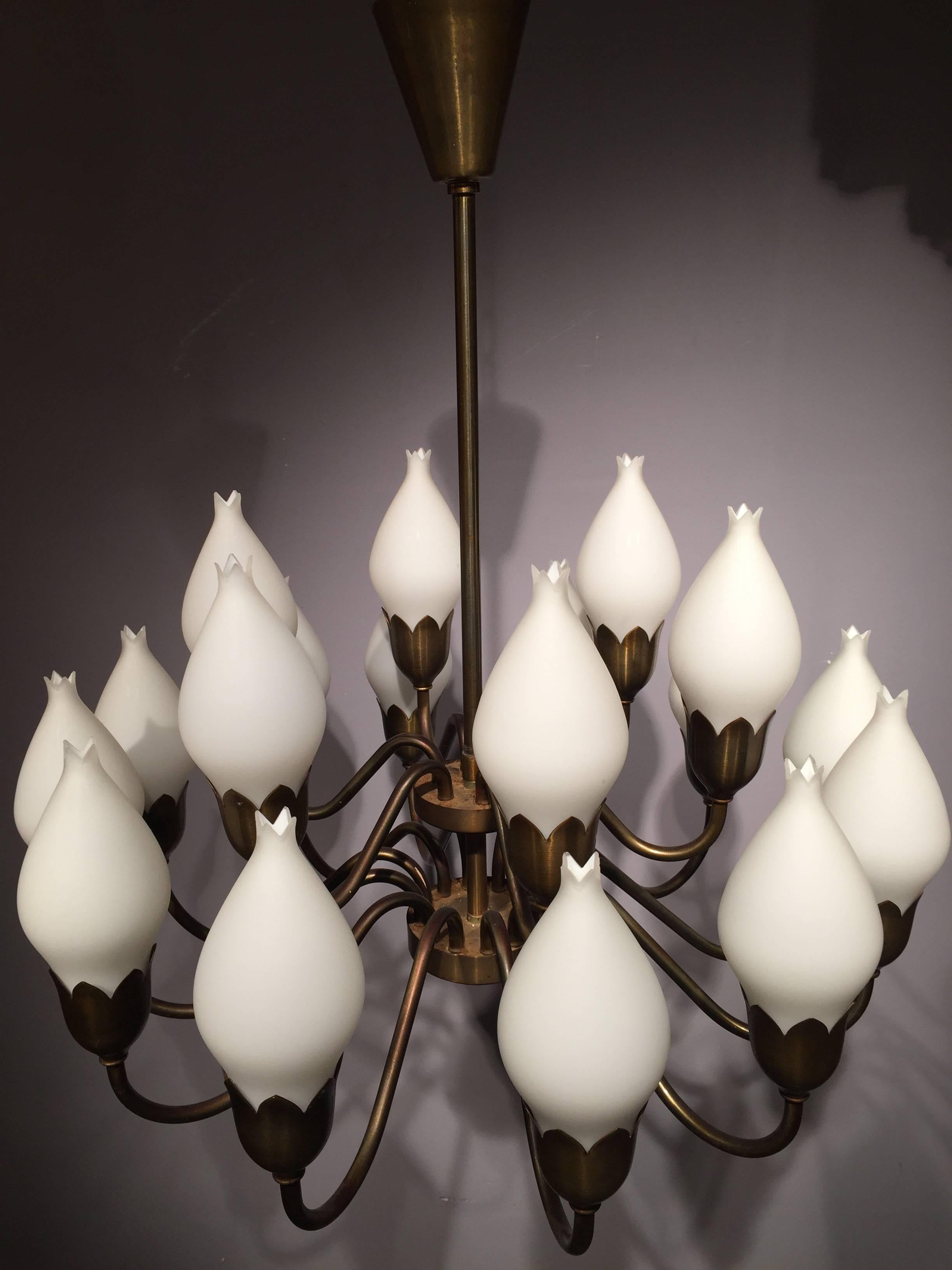 Brass Fog and Morup Opaline Glass Chandelier For Sale