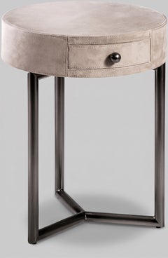 Cantori Teo Round Nightstand with Sand Eco-Nubuck Top / Side Table with Drawer
