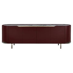 Cantori Oasi Burgundy Lacquered 4-Doors Sideboard and Buffet Grey Orobico Marble