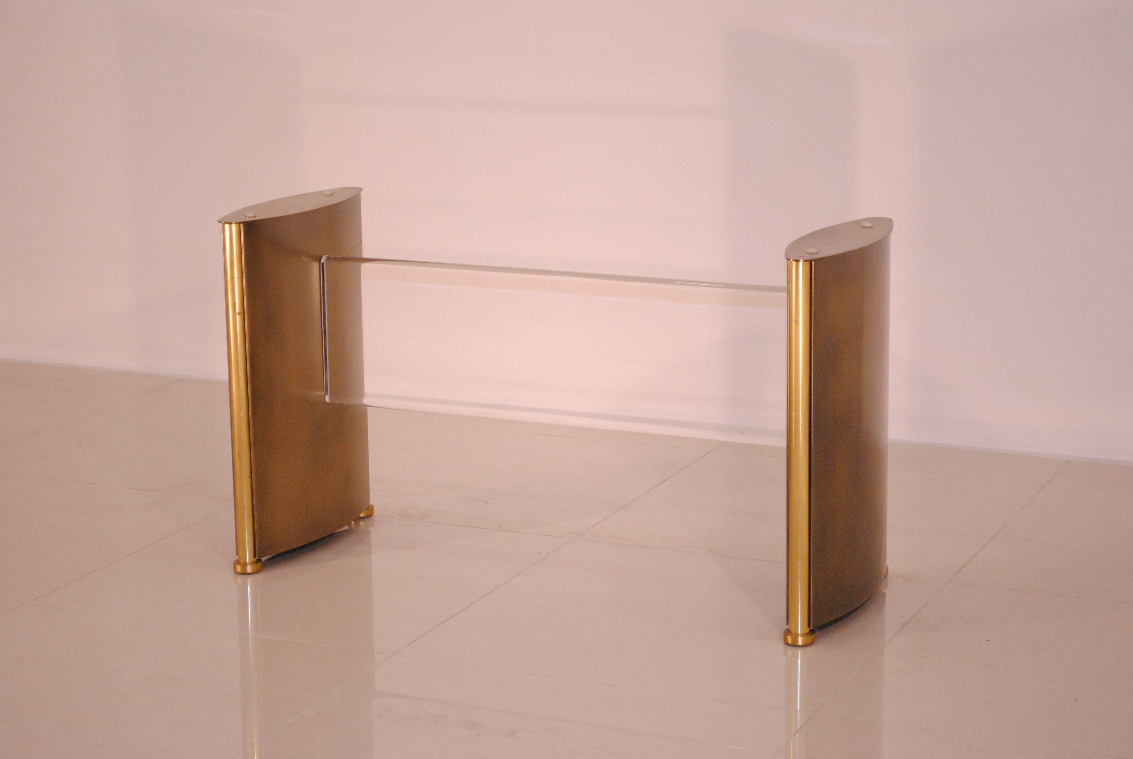 Elegant Bronze Patina, Brass and Lucite Table Base by Belgochrom, Belgium, 1970s In Excellent Condition In Saint-Ouen, FR
