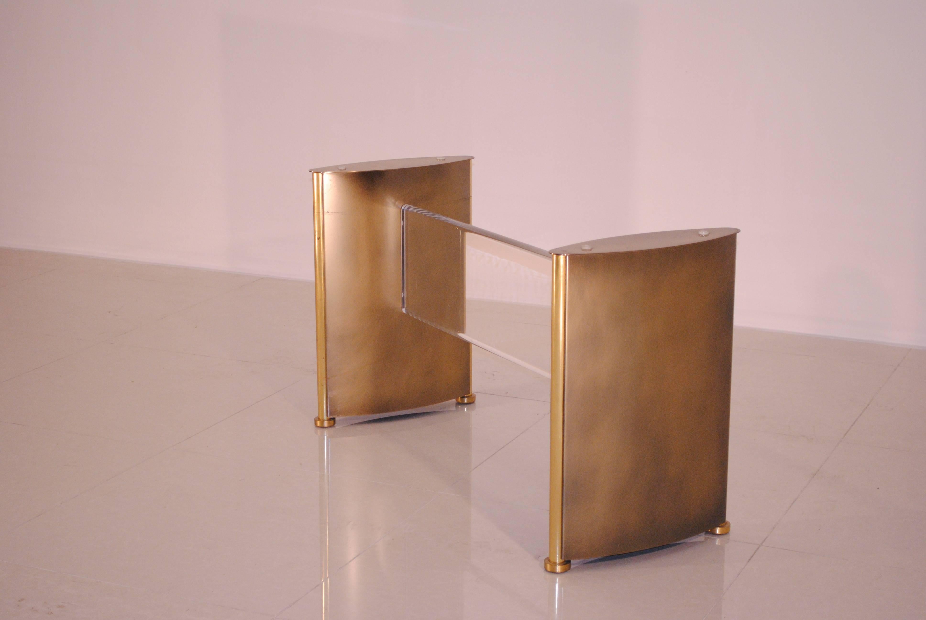Late 20th Century Elegant Bronze Patina, Brass and Lucite Table Base by Belgochrom, Belgium, 1970s