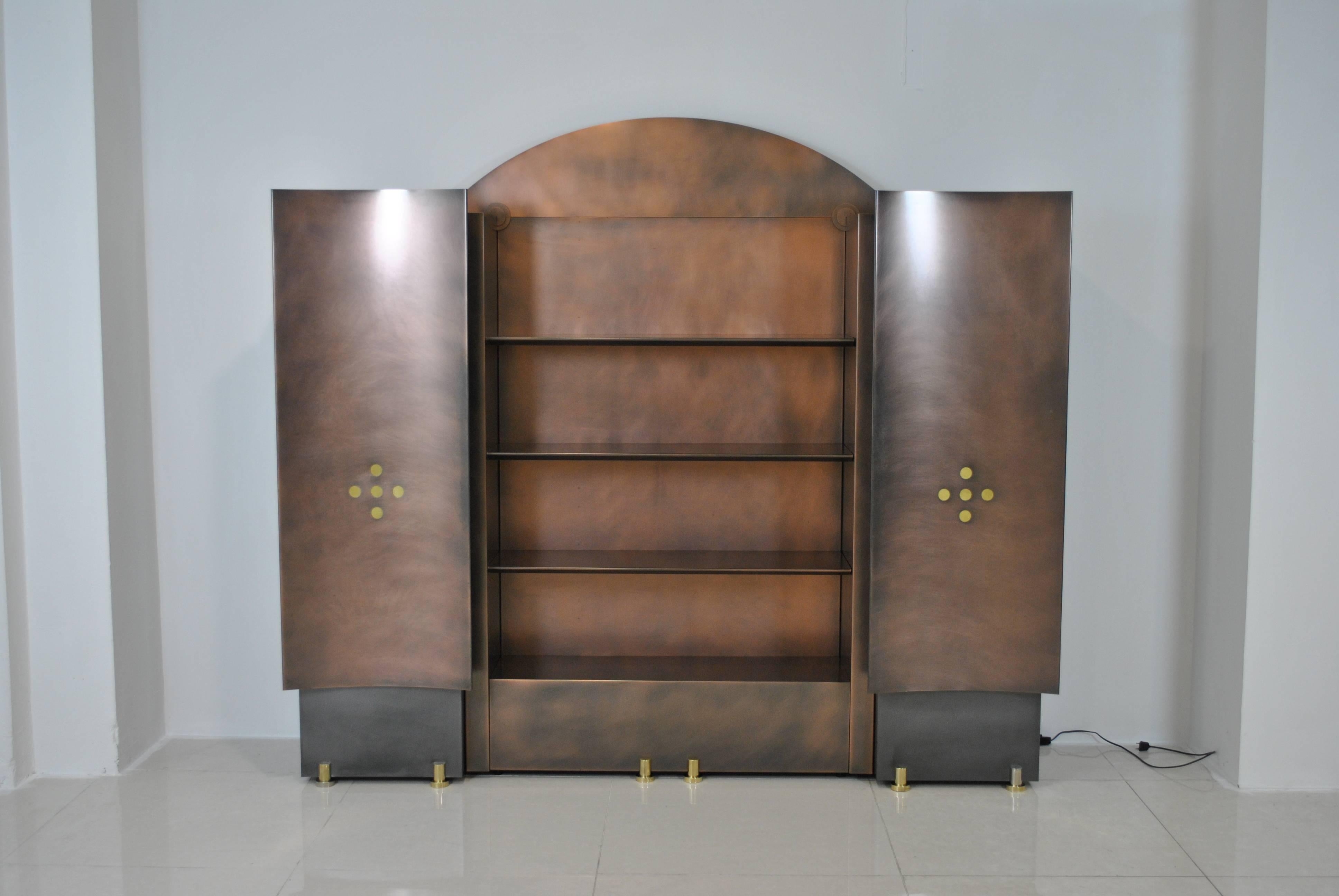 Patinated Neoclassical Steel and Brass Wall Unit by Belgochrom, Belgium, 1980s For Sale