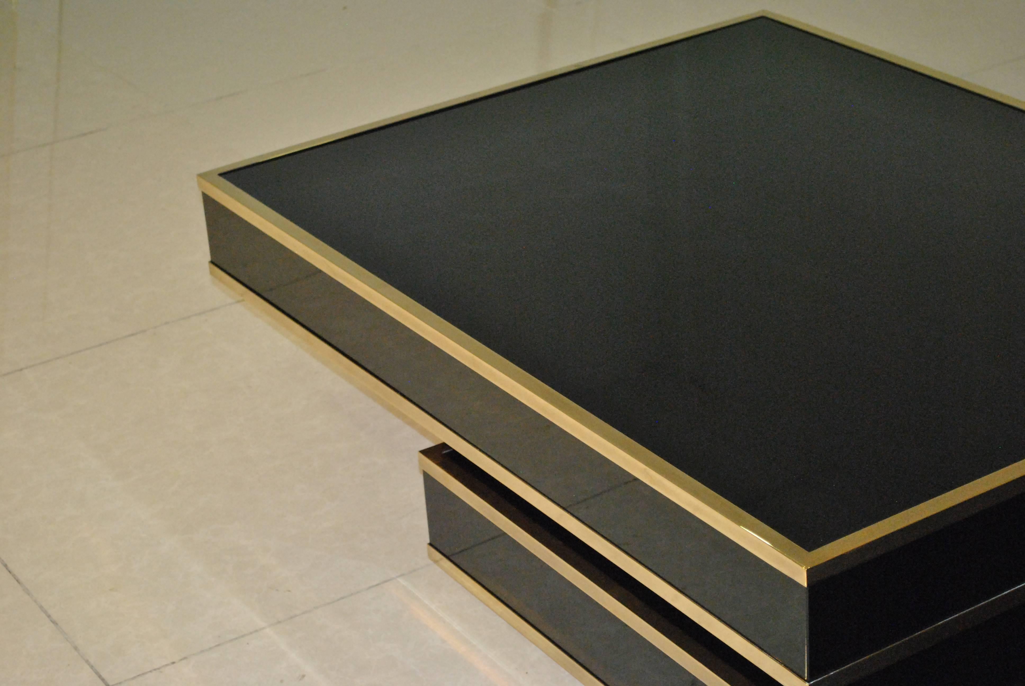 French 'Atelier De La Boëtie' Lacquer and Brass Coffee Table, France, 1970s