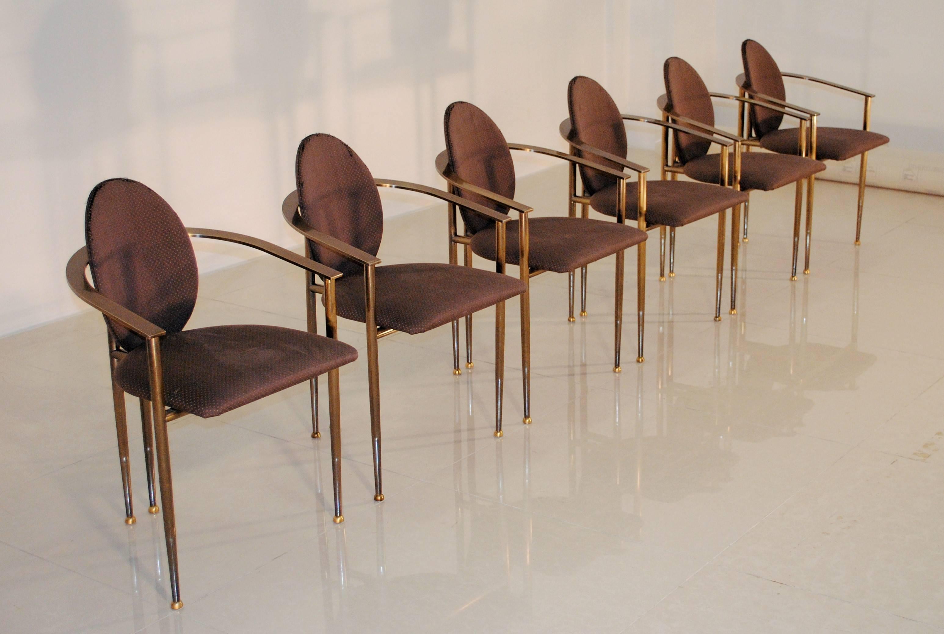 Elegant Set of Six Bronze Patina and Gold Plated Dining Chairs by Belgochrom In Good Condition In Saint-Ouen, FR