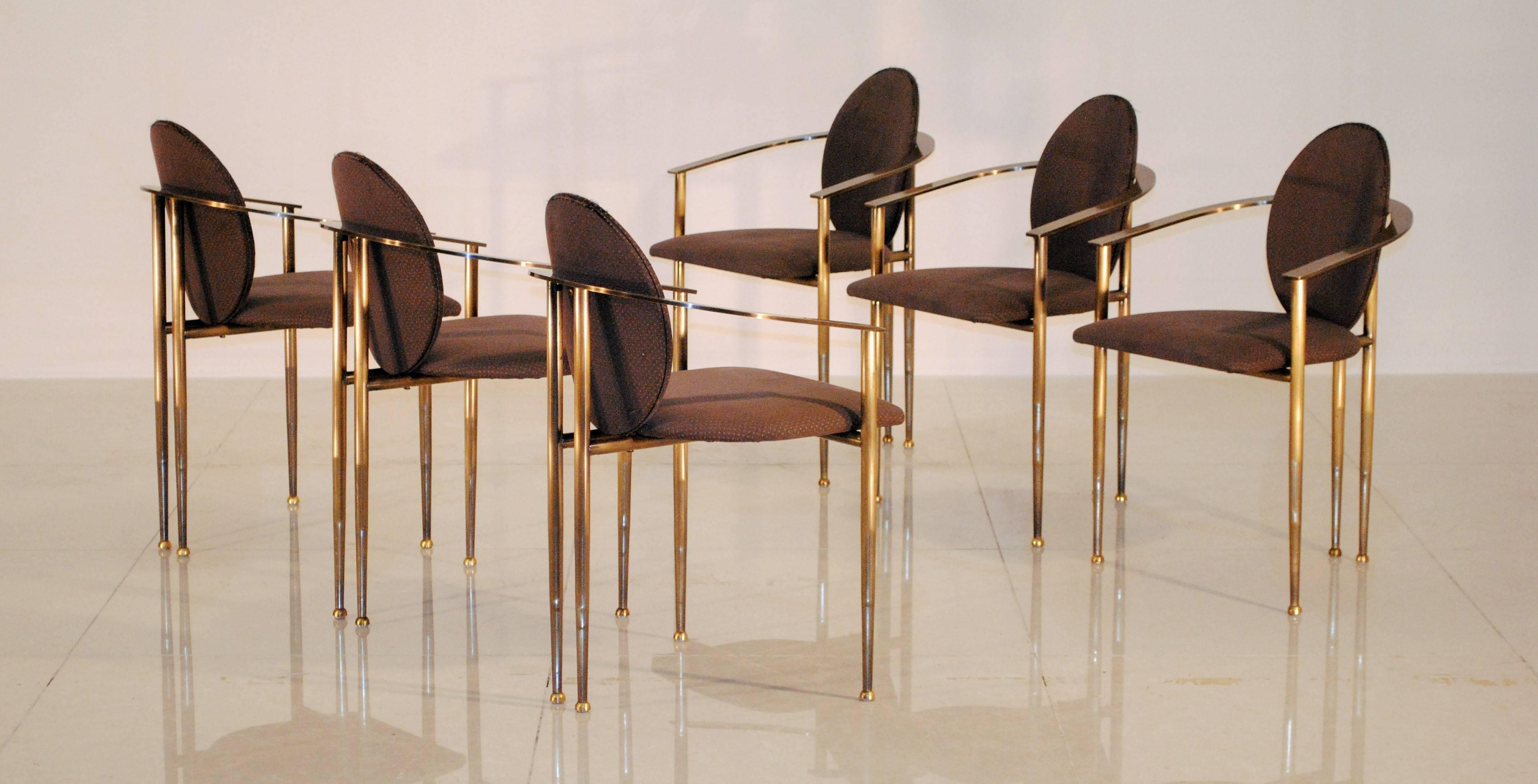 Brass Elegant Set of Six Bronze Patina and Gold Plated Dining Chairs by Belgochrom