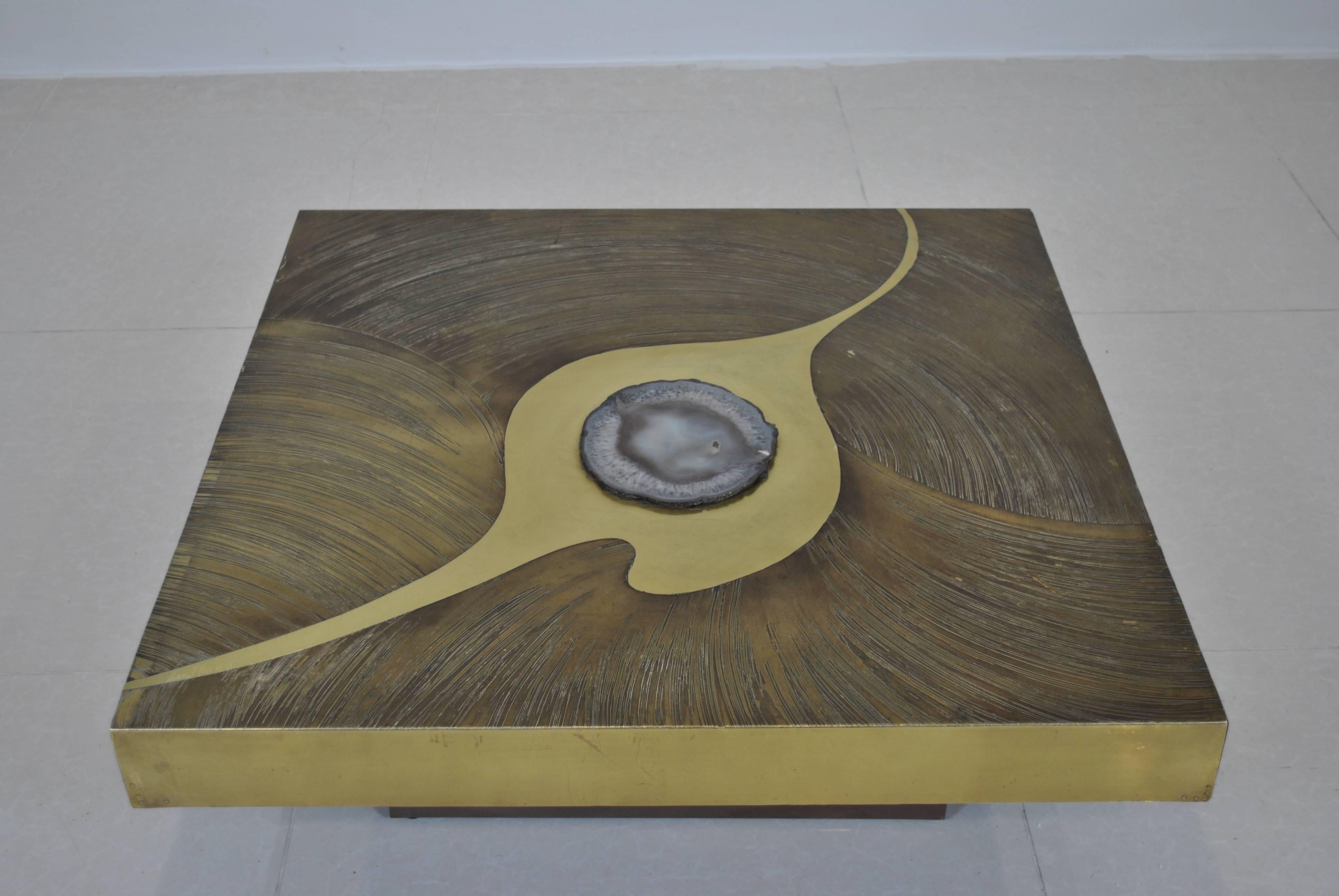 Etched Brass and Agate Coffee Table by Marc D'Haenens In Good Condition For Sale In Saint-Ouen, FR