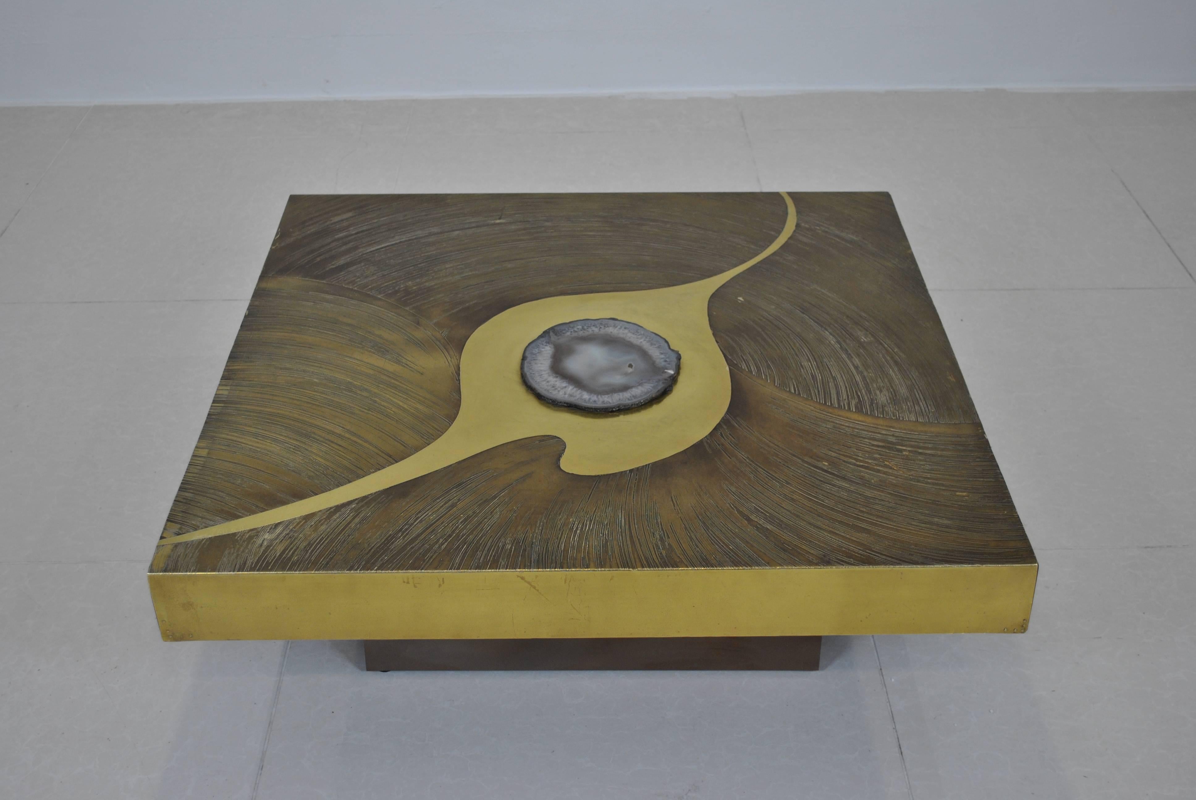 Hollywood Regency Etched Brass and Agate Coffee Table by Marc D'Haenens For Sale