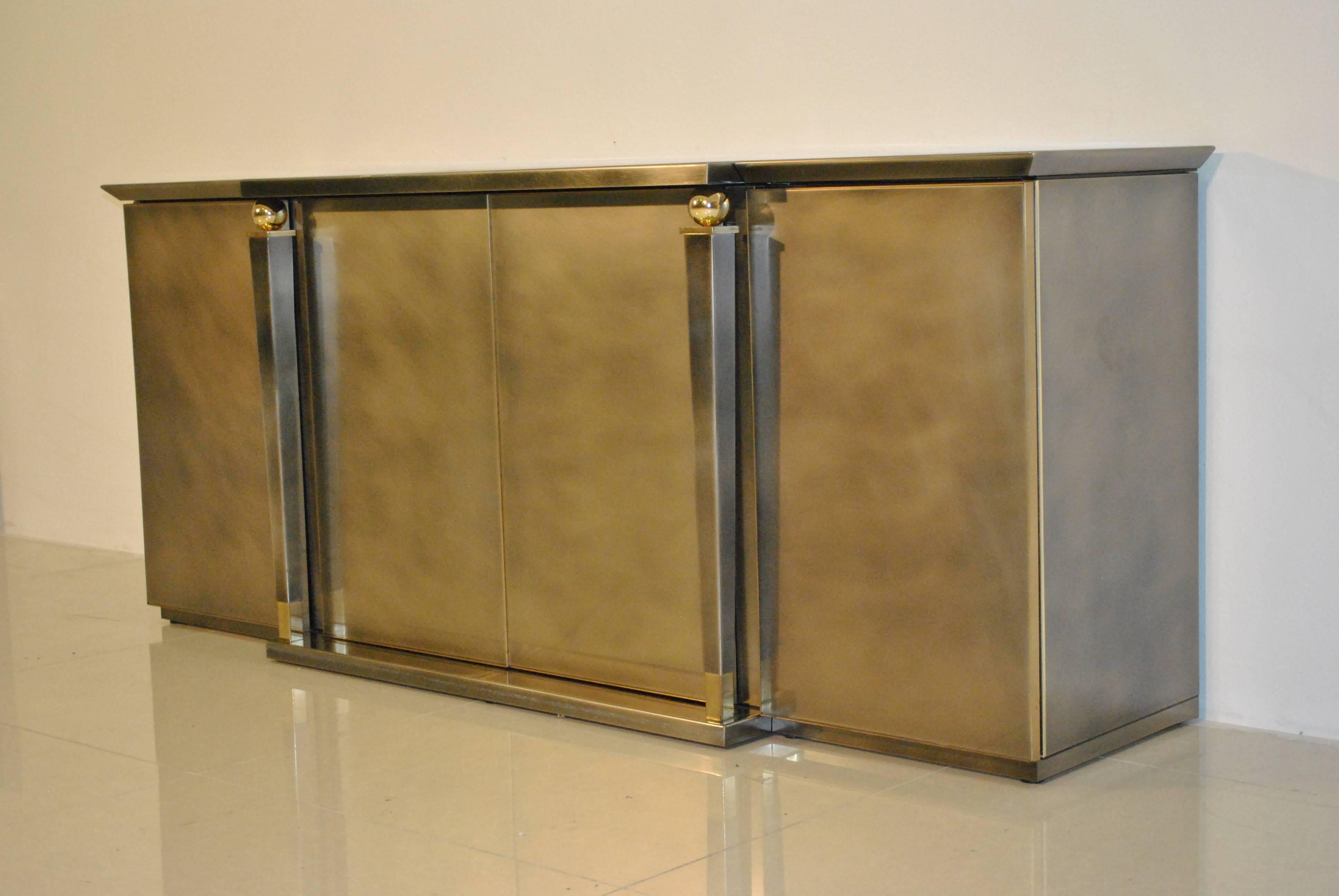 Brushed Steel and Gold Sideboard by Belgo Chrome, 1980s In Good Condition For Sale In Saint-Ouen, FR