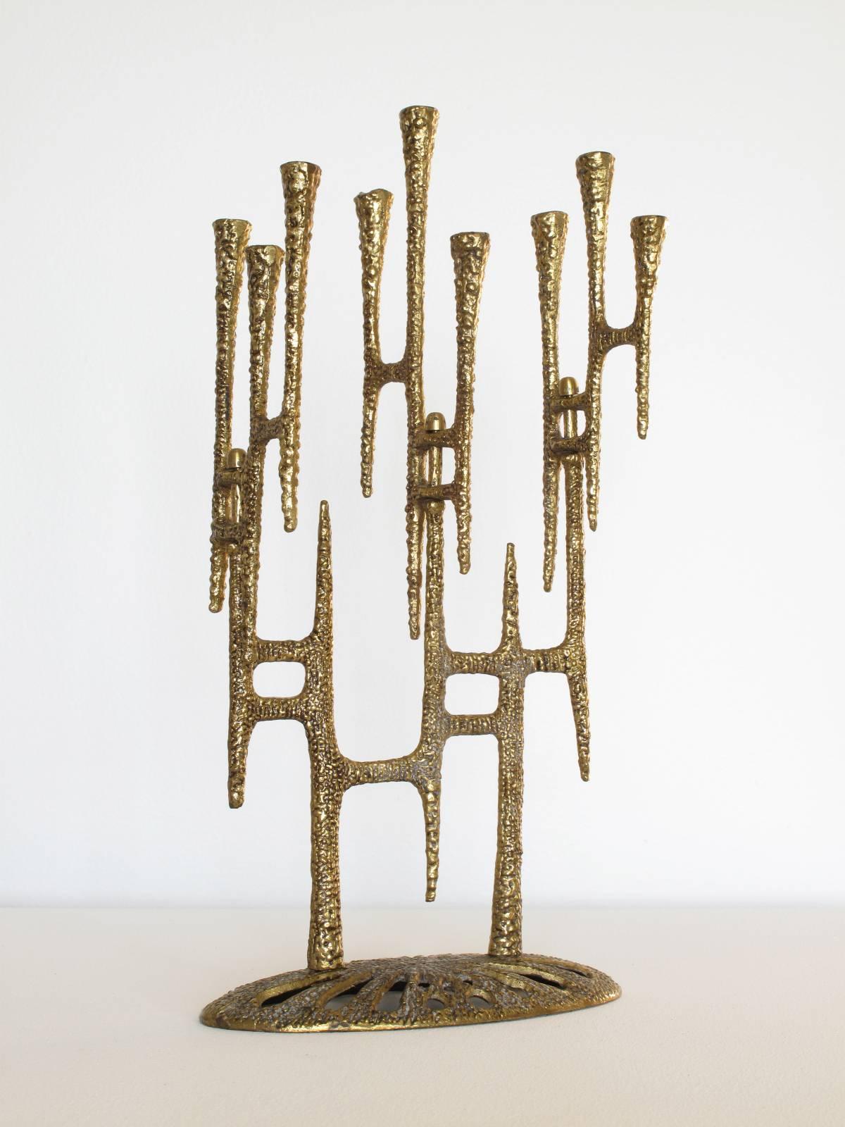 Israeli Decorative Brutalist Style Brass Menorah, Handmade in Israel, 1970s For Sale
